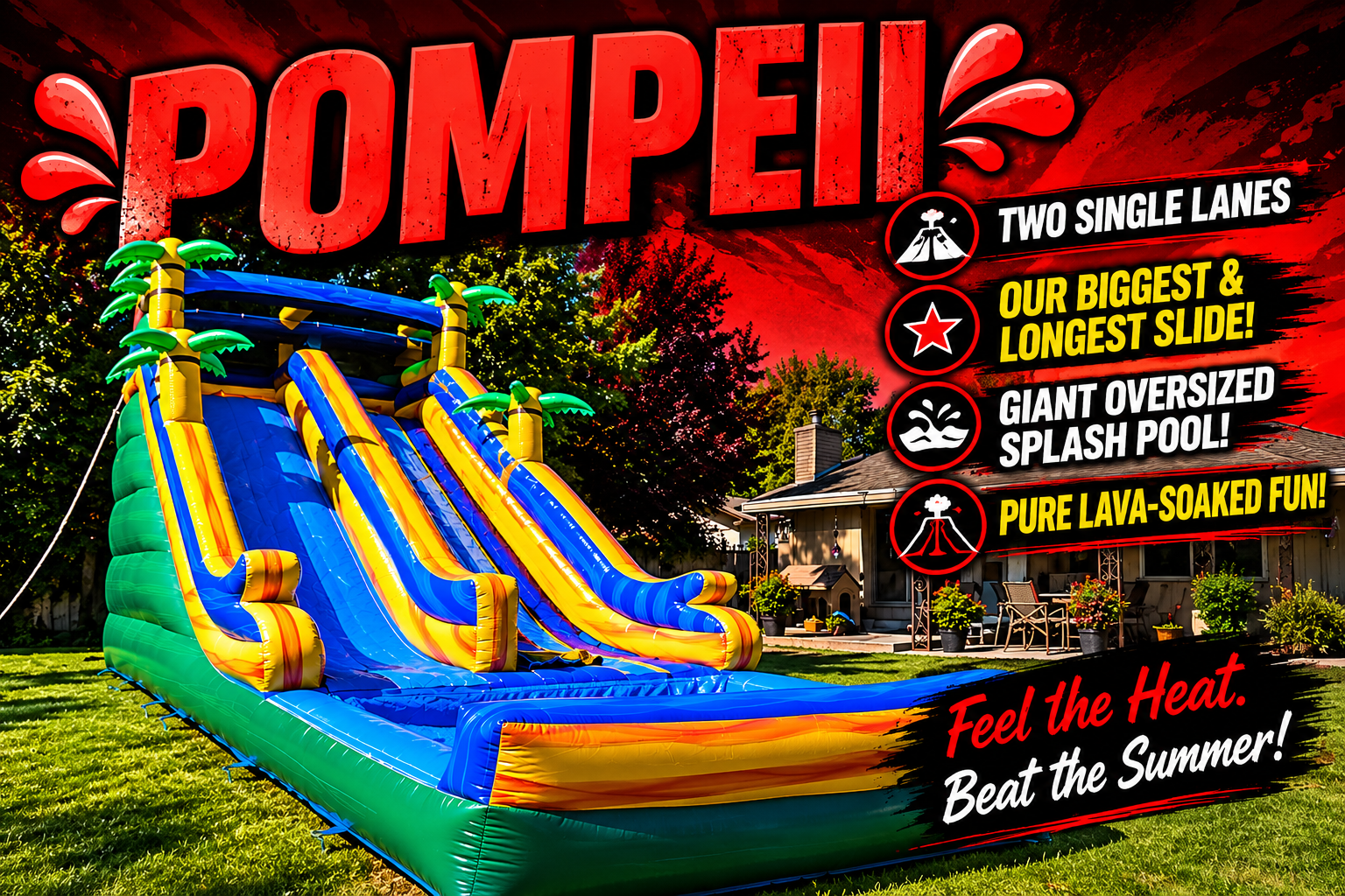 Pompeii tropical inflatable waterslide with two racing lanes, palm trees and a large splash pool, available for backyard parties in Richland, Kennewick, Pasco and the Tri-Cities, WA.