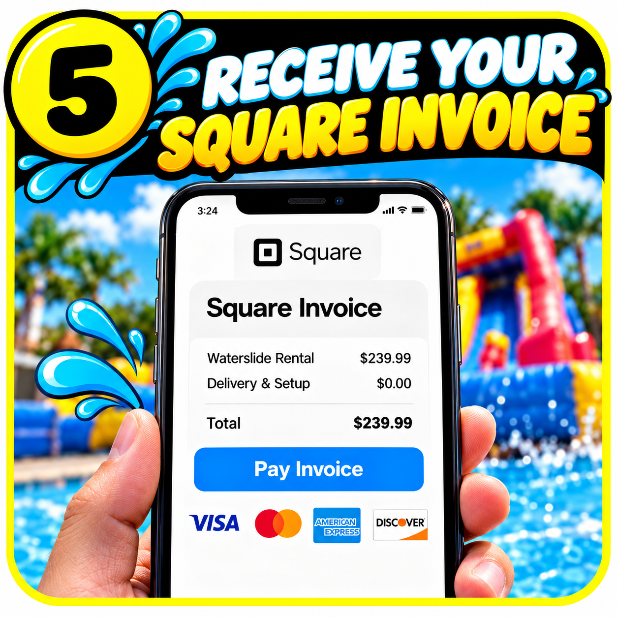 Promotional graphic showing a smartphone displaying a $239.99 Square invoice for waterslide rental, with the text “Receive Your Square Invoice” and a pool waterslide in the background.
