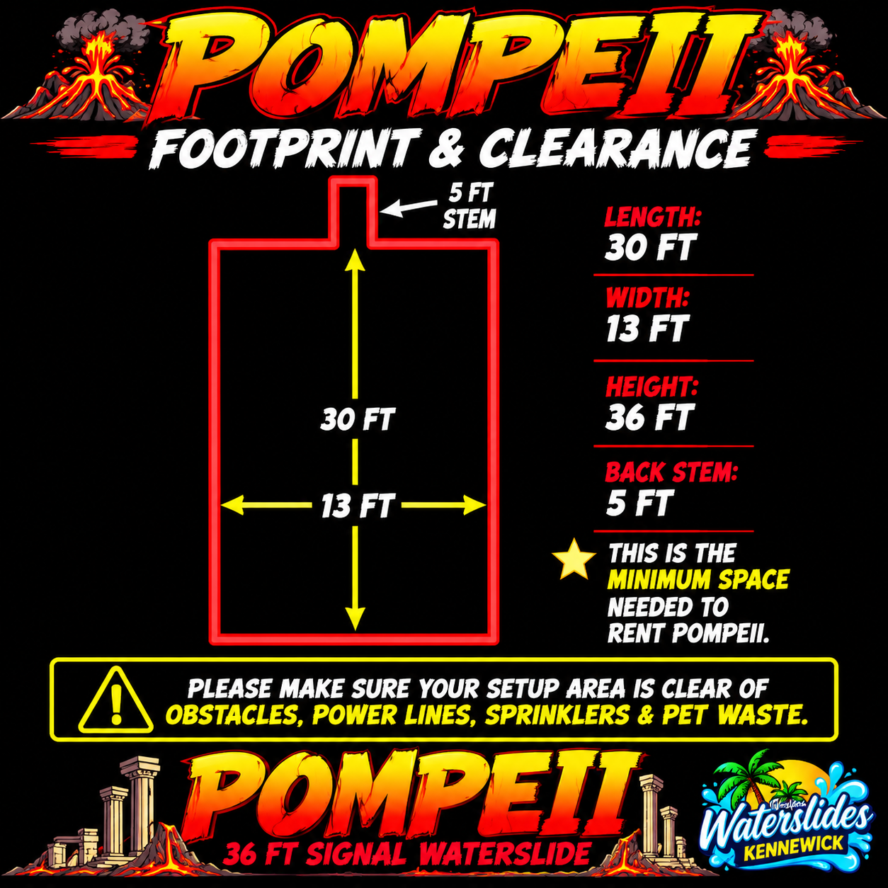 Pompeii inflatable waterslide dimensions and clearance diagram showing a 36-foot length, 13-foot width and 30-foot height to help customers plan their rental setup.