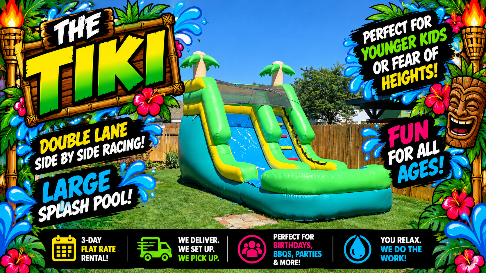 The Tiki tropical-themed inflatable waterslide rental flyer featuring dual sliding lanes and a splash pool from Waterslides Kennewick.