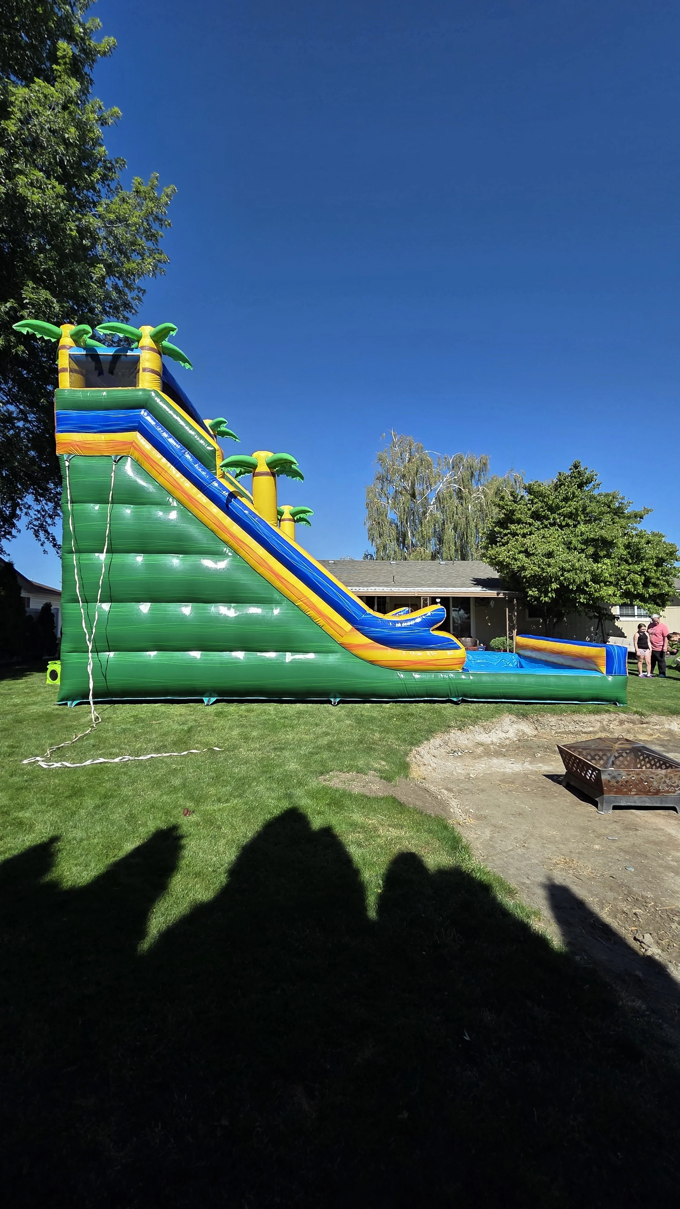 Pompeii Large tropical-themed inflatable water slide in a backyard under a clear blue sky