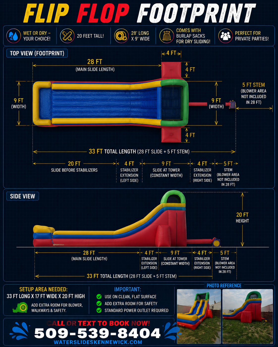 Flip Flop inflatable waterslide rental dimensions and setup diagram showing the space and clearance requirements for backyard installation.