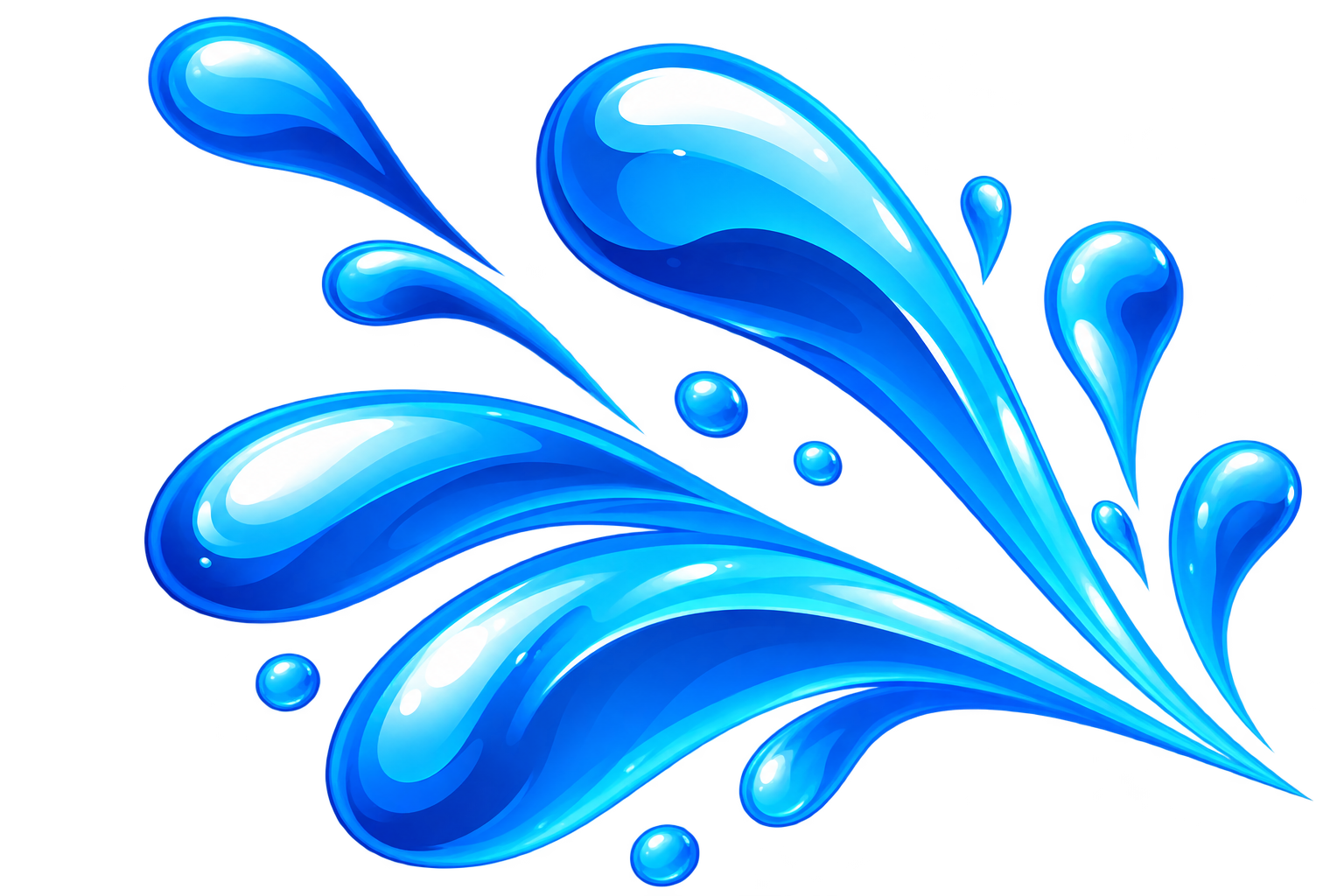 Glossy blue water splash with curved droplets on a transparent background.