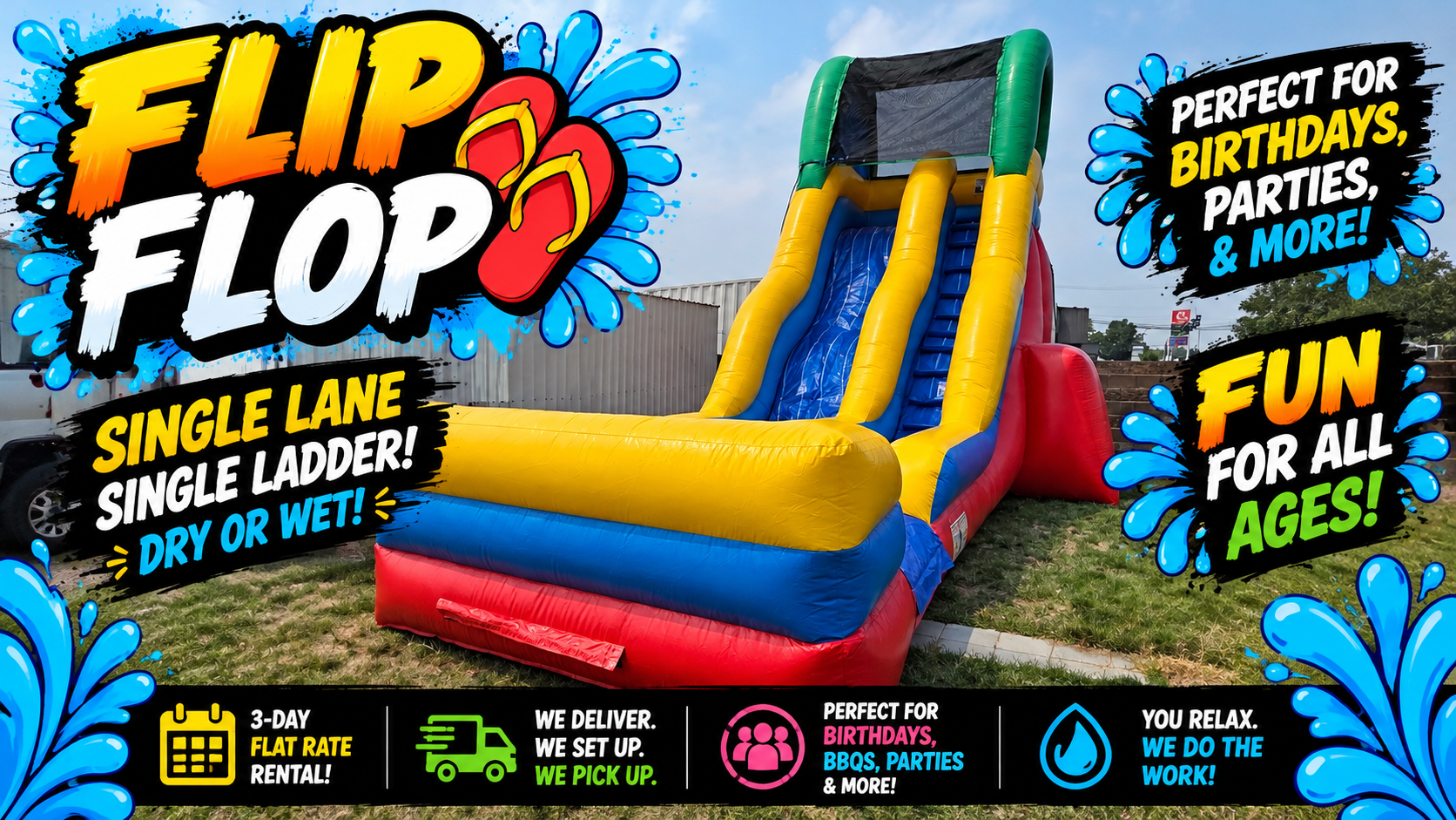 Flip Flop colorful inflatable waterslide with a single sliding lane, available for wet or dry rental at backyard parties in Richland, Kennewick, Pasco and the Tri-Cities, WA.