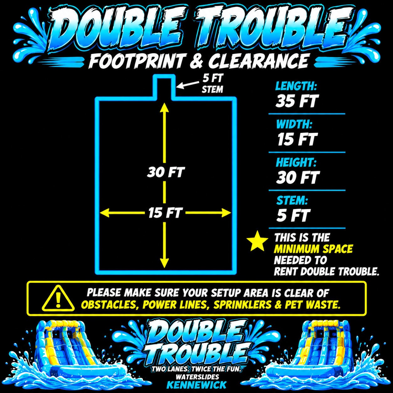 Double Trouble inflatable waterslide dimensions and clearance diagram showing a 35-foot length, 15-foot width and 30-foot height for planning backyard rental setup.