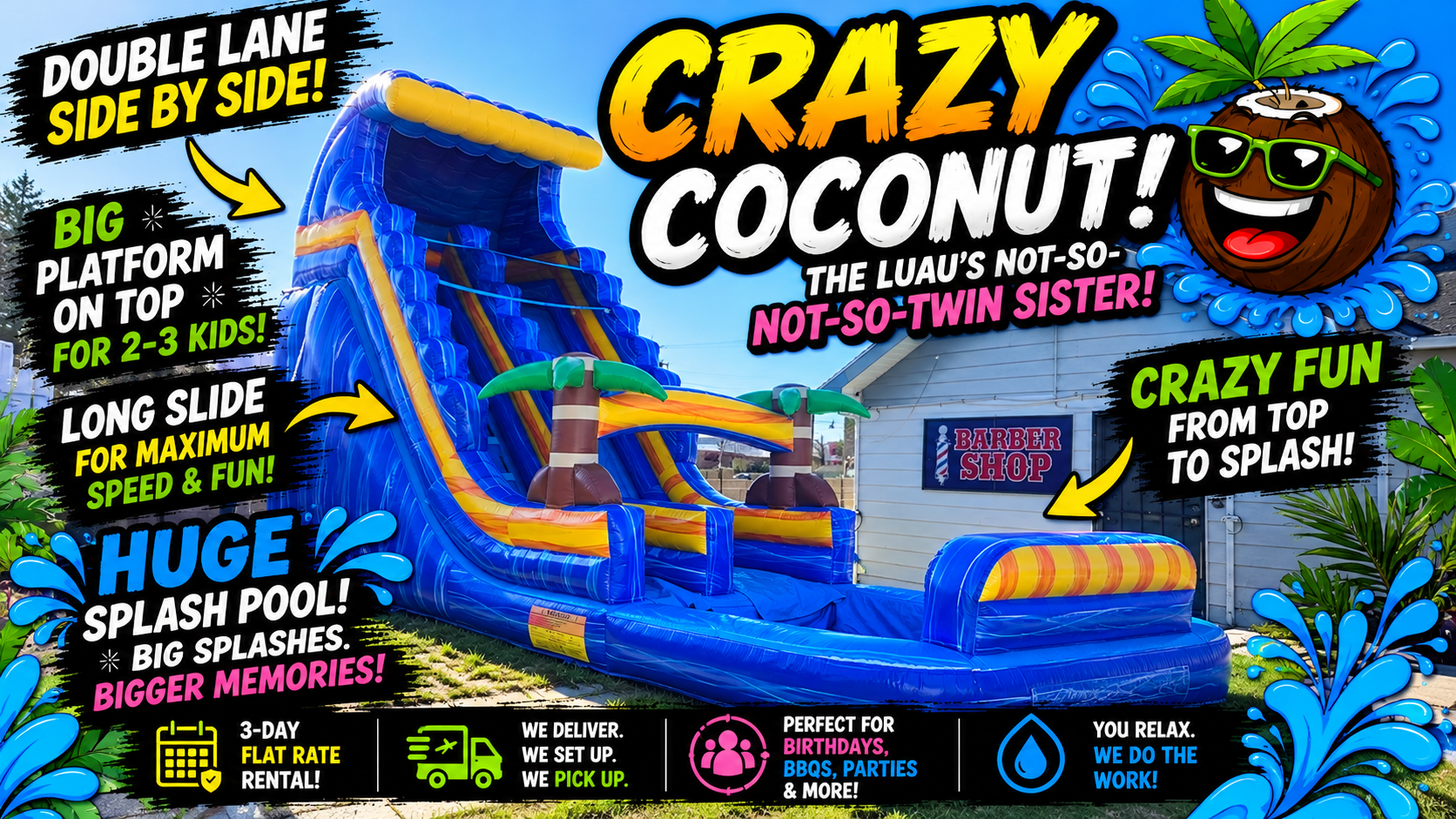 Crazy Coconut tropical inflatable waterslide rental featuring colorful graphics, two sliding lanes and a splash pool, serving Richland, Kennewick and Pasco, WA.