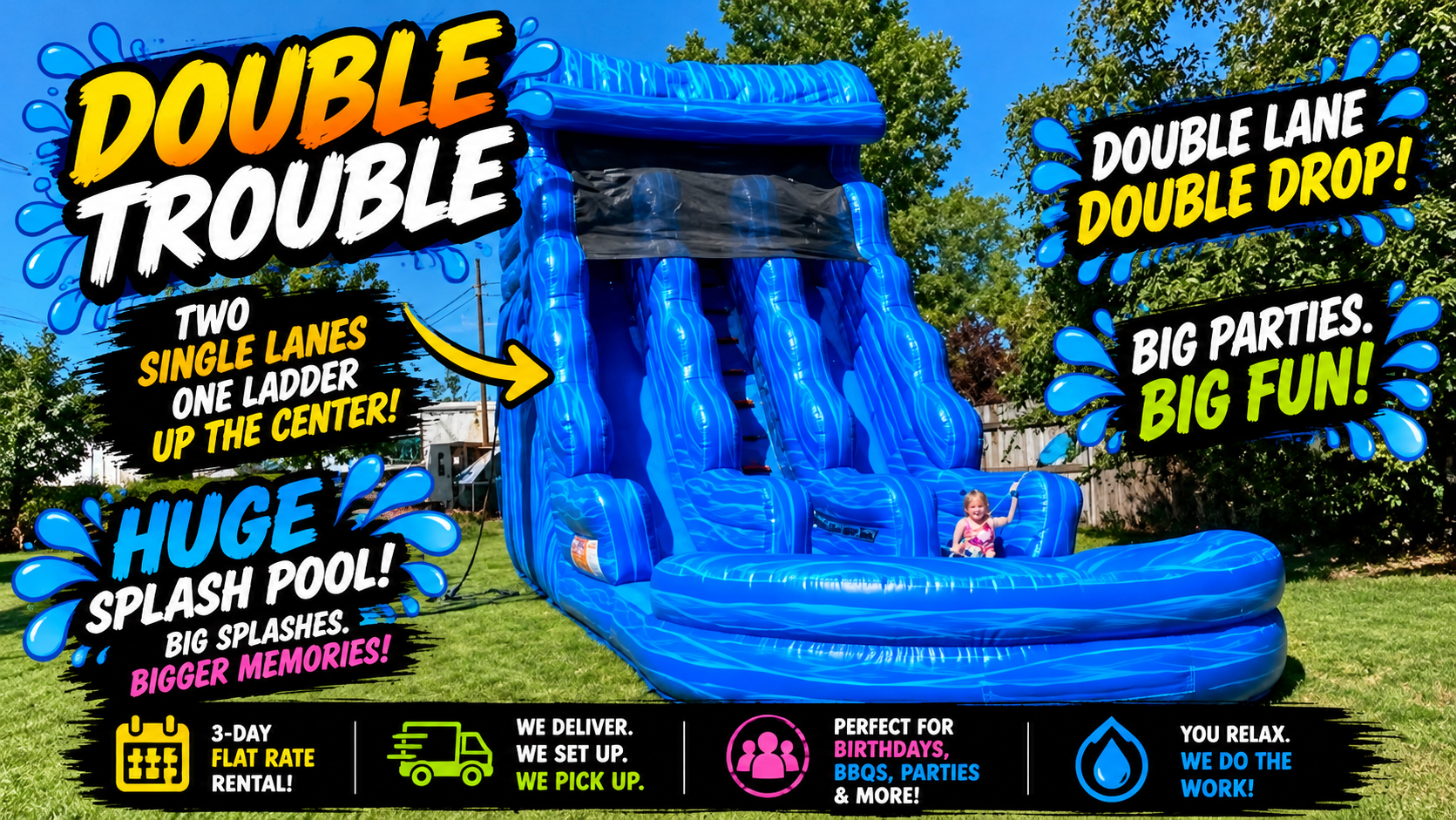 Double Trouble 30-foot-tall blue inflatable waterslide featuring two racing lanes and a large splash pool, available for parties and events in Richland and the Tri-Cities, WA.