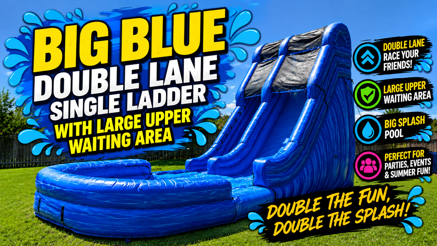 Big Blue massive dual-lane inflatable waterslide rental from Waterslides Kennewick, featuring two exciting sliding lanes without a splash pool, available for events in Richland, Kennewick and Pasco, WA.