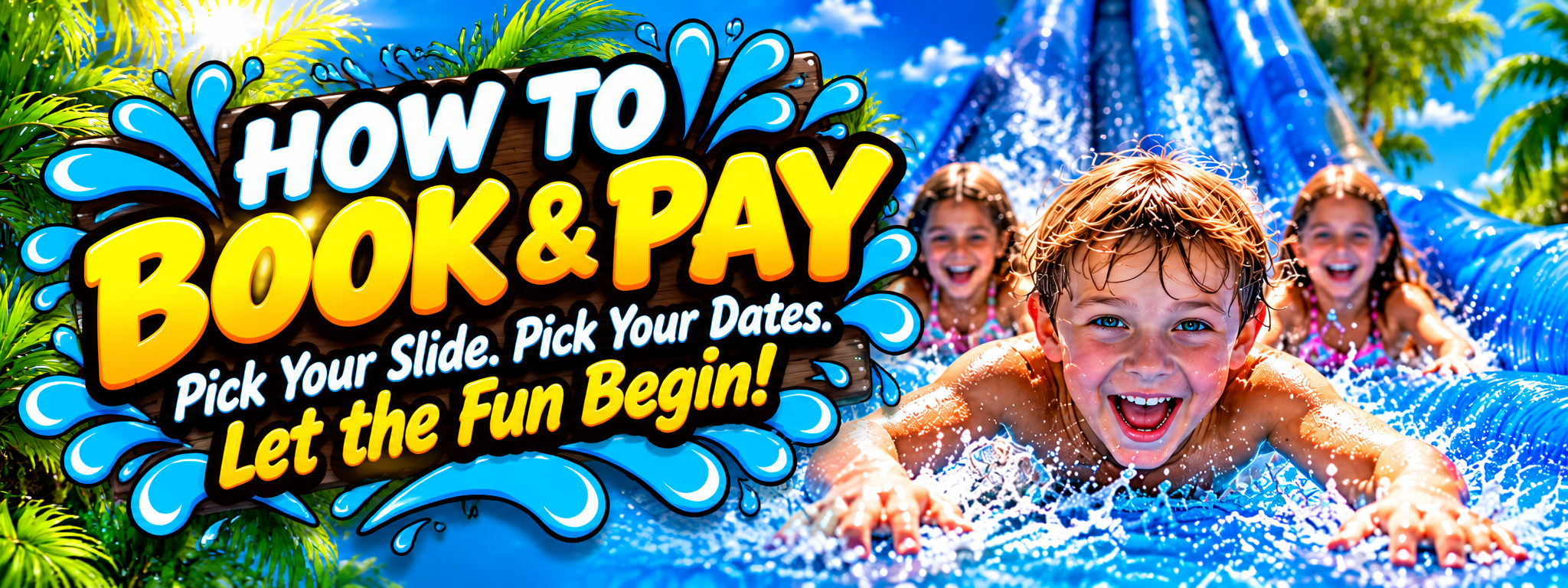 WaterSlides Kennewick How to Book & Pay banner featuring children enjoying a waterslide and instructions for requesting a rental.