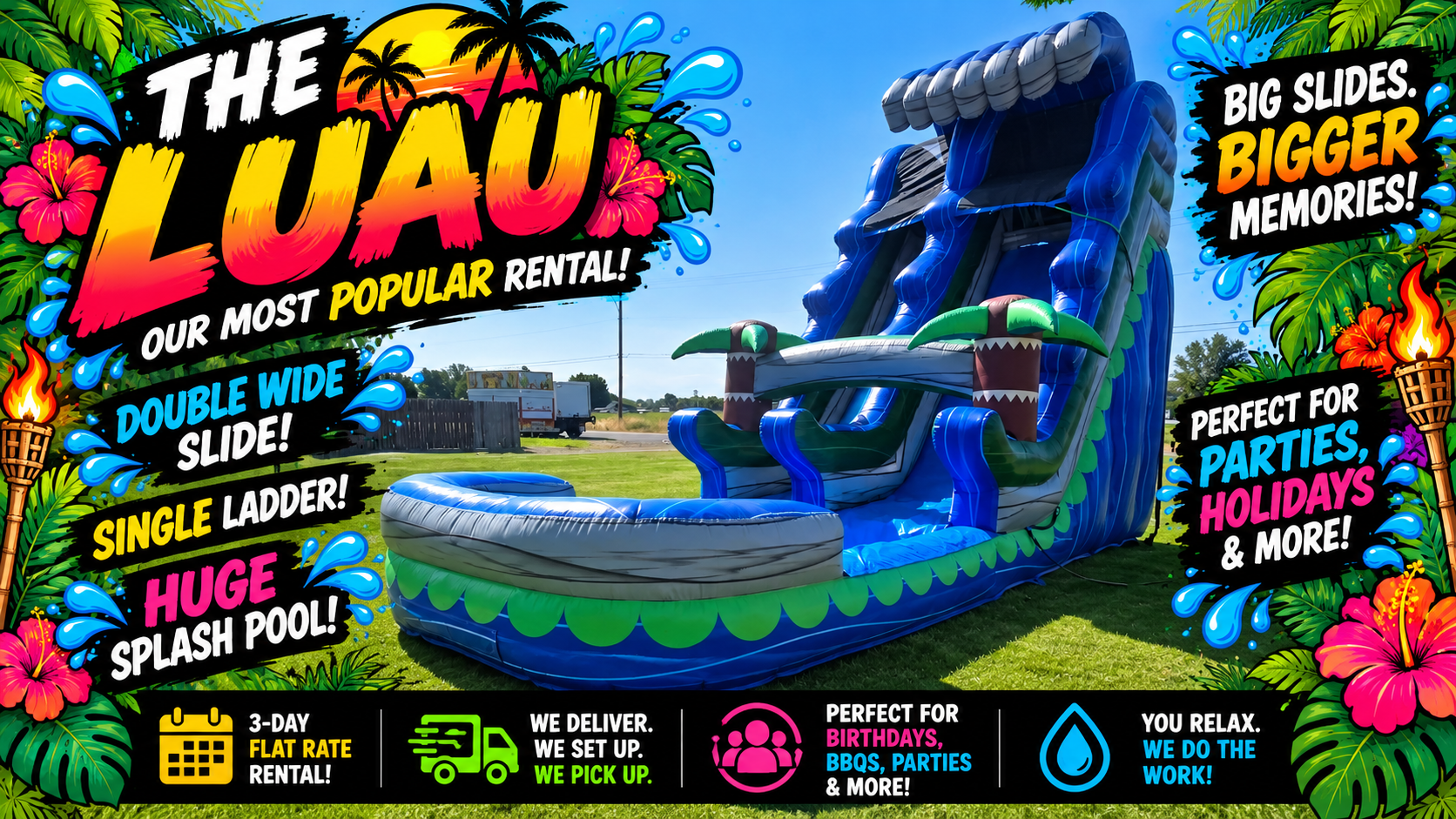 The Lu'au tropical-themed inflatable waterslide rental promotional flyer from Waterslides Kennewick, serving Richland, Kennewick, Pasco and the Tri-Cities.