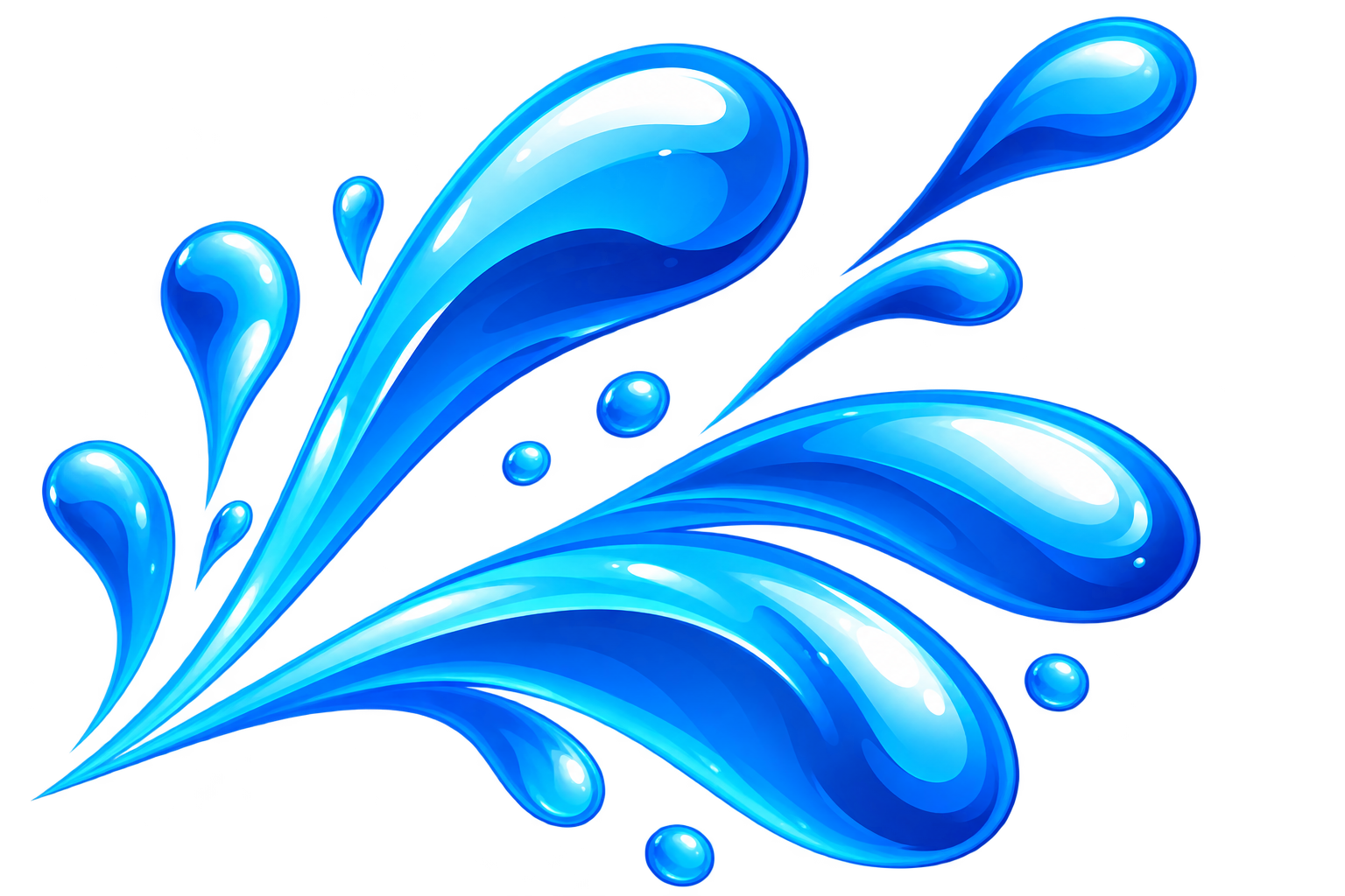 Bright blue stylized water splash with droplets on a transparent background