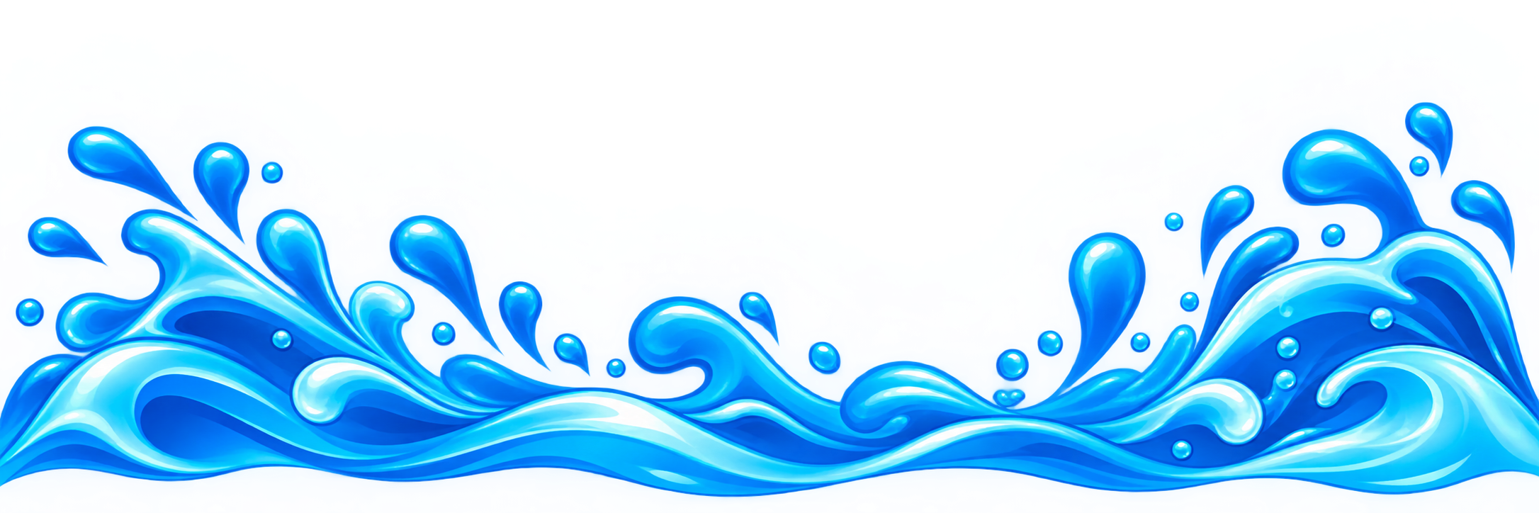 Vibrant blue cartoon ocean waves with splashing water droplets on a white background
