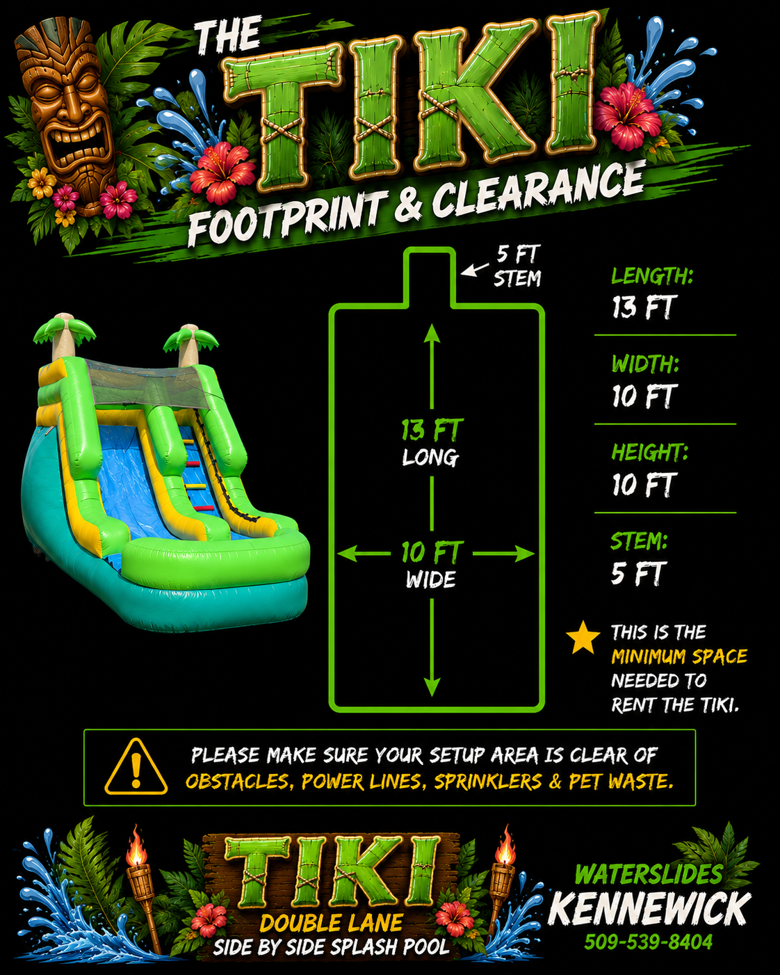 The Tiki inflatable waterslide rental dimensions and setup clearance diagram for planning backyard parties in the Tri-Cities, Washington.