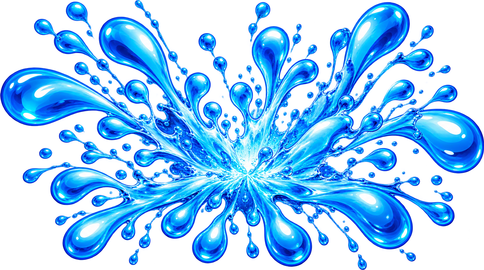 Vibrant blue water splash with large droplets radiating outward