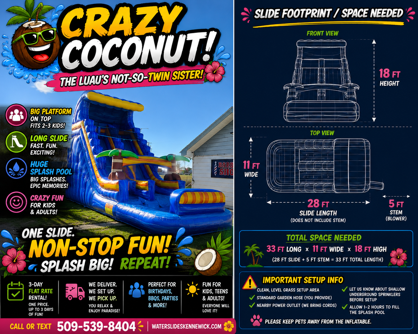Crazy Coconut inflatable waterslide rental information flyer showing its tropical design, double sliding lanes and splash pool, available from Waterslides Kennewick.