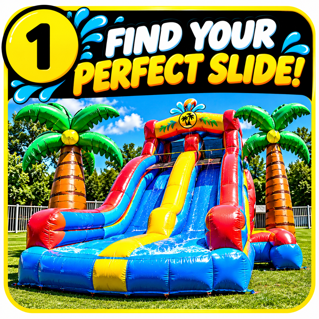 Colorful tropical inflatable water slide with palm trees and splash pool on grass, labeled “Find Your Perfect Slide!”