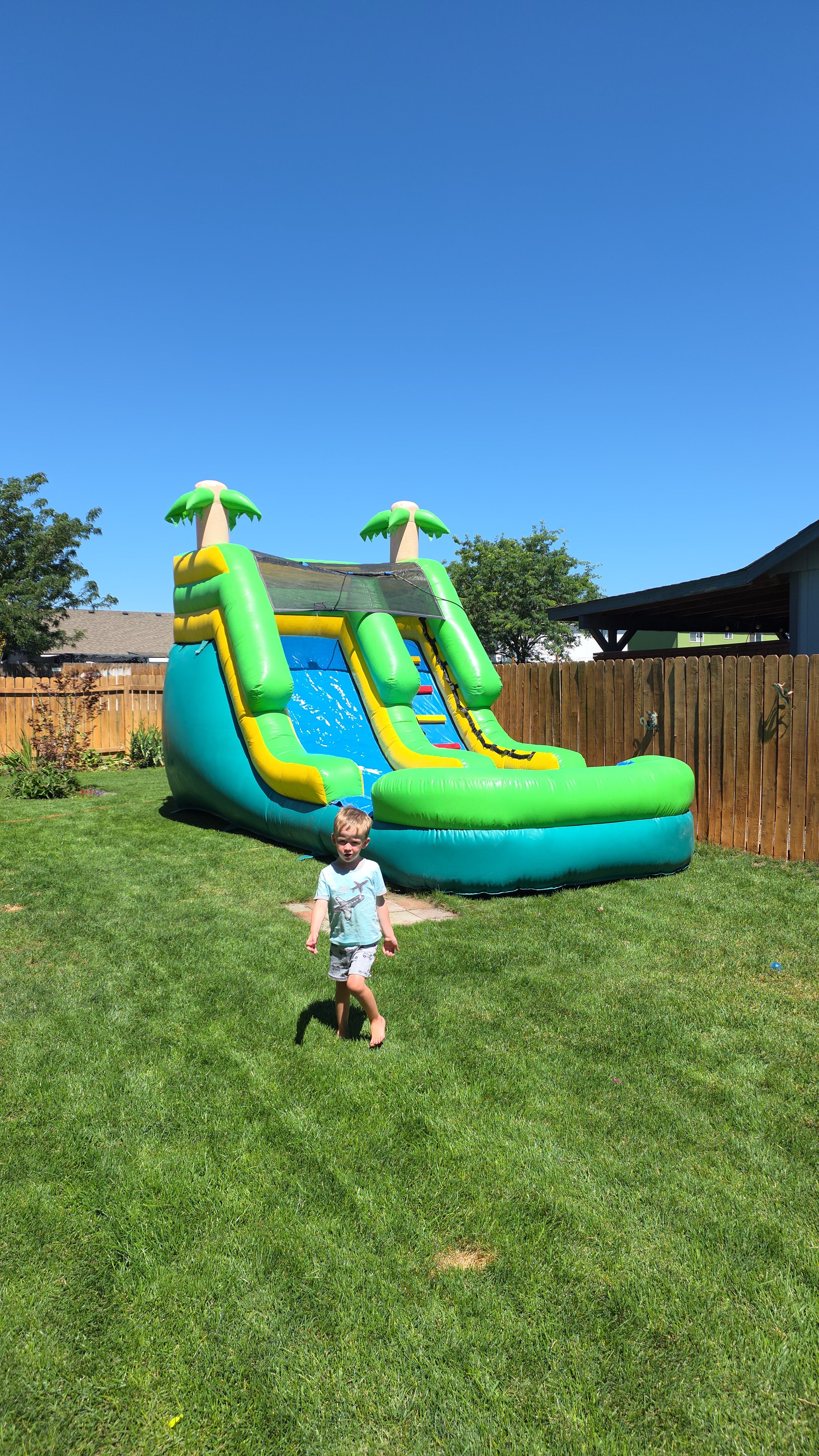 Child standing in front of The Tiki tropical inflatable waterslide with green palm-tree decorations on a sunny backyard lawn.