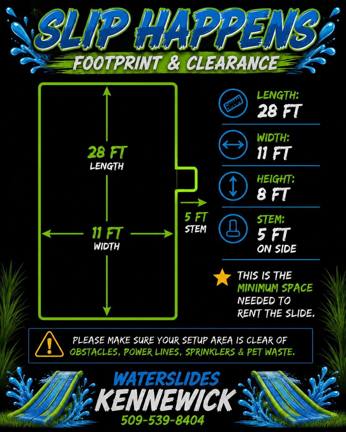 Slip Happens inflatable slip-and-slide dimensions and setup information for planning backyard rentals throughout the Tri-Cities, Washington.