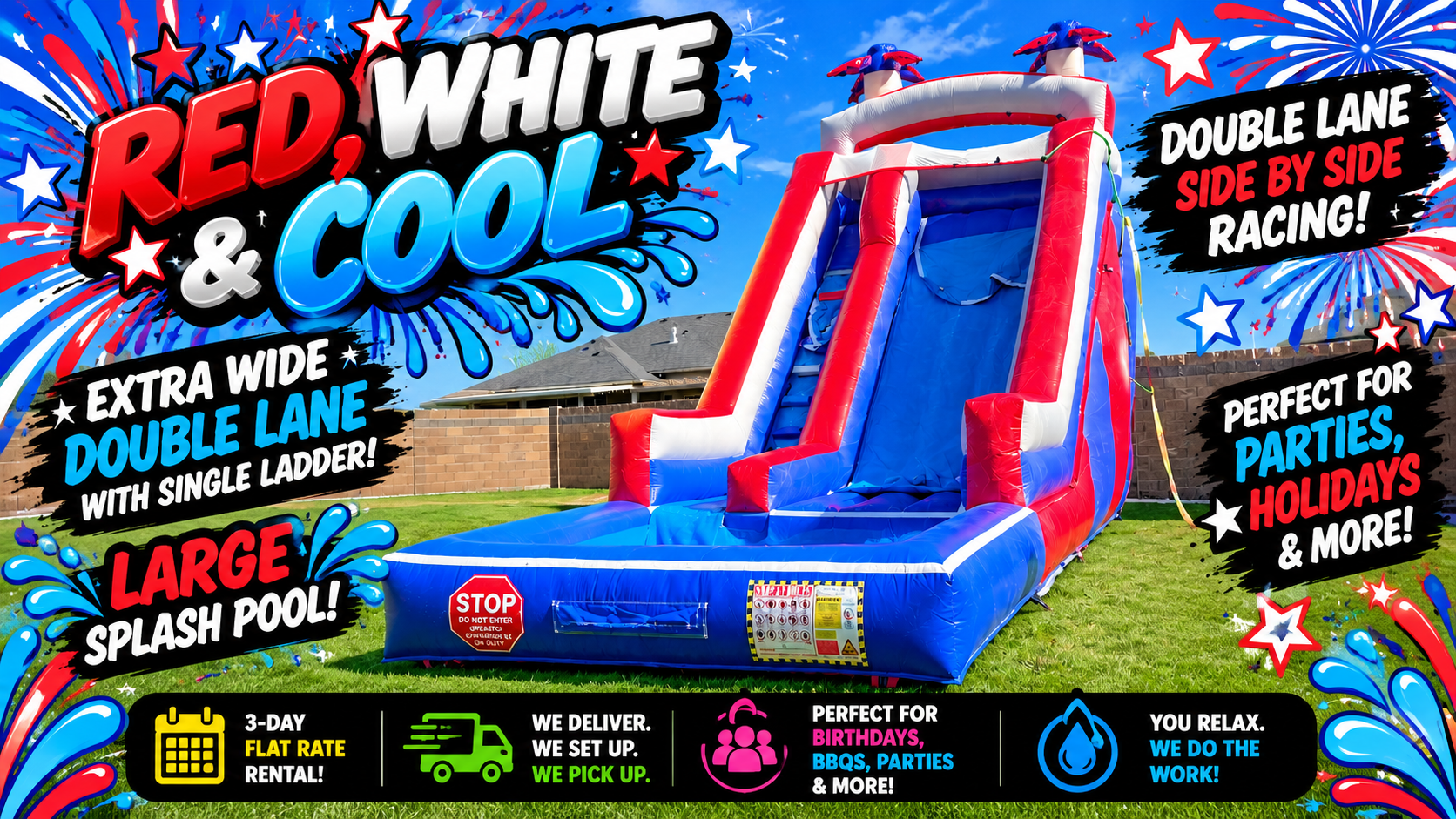 Red White N' Cool patriotic-themed inflatable waterslide rental with two sliding lanes and a splash pool, available for summer parties in Richland, Kennewick and Pasco, Washington.