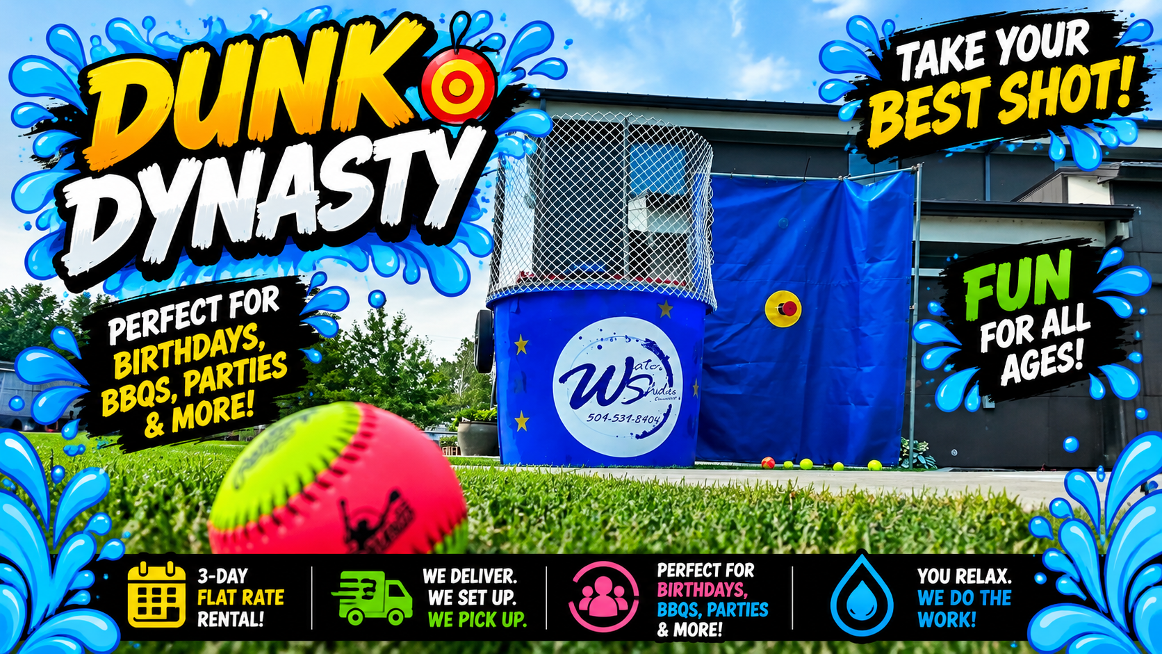 Dunk Dynasty portable dunk tank rental with a blue target wall, featured in a colorful promotional graphic for parties and events in Richland, Kennewick, Pasco and the Tri-Cities, WA.