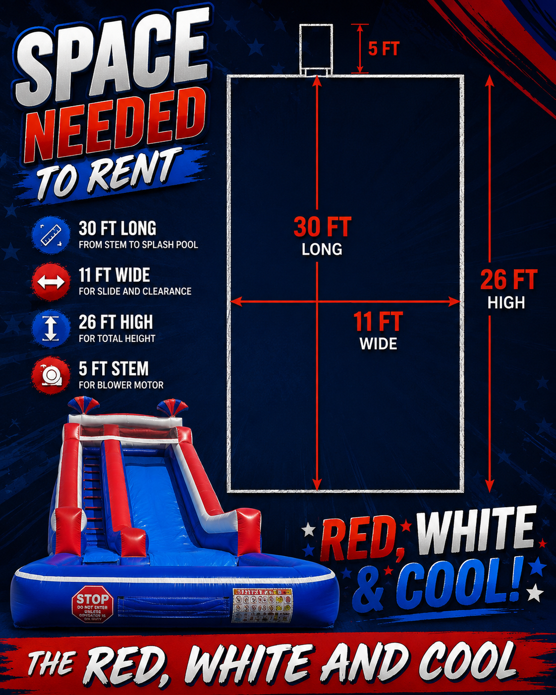Red White N' Cool inflatable waterslide dimensions and clearance diagram showing the space requirements for safe backyard rental setup in the Tri-Cities.