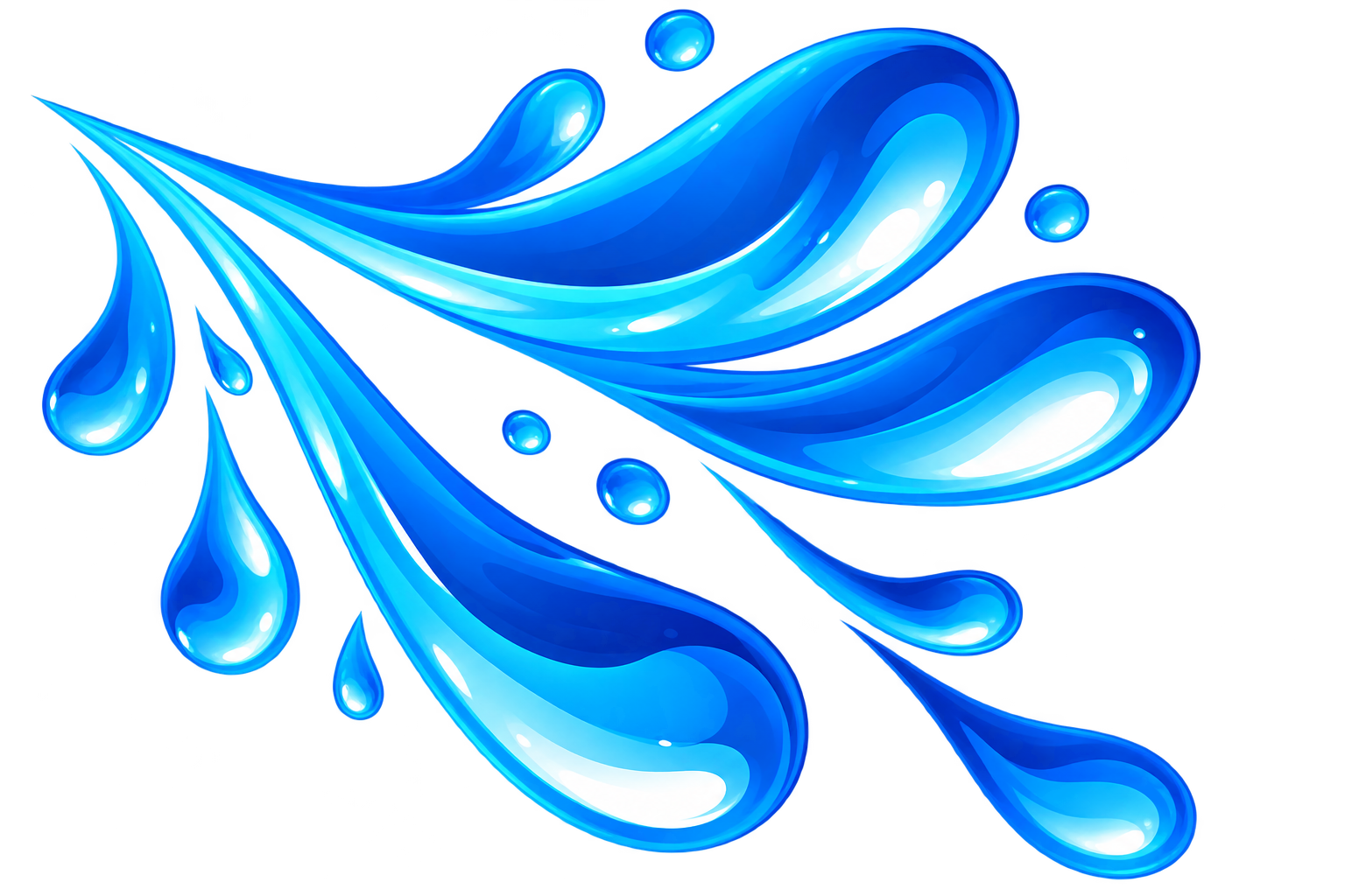 Bright blue water splash with liquid droplets on a transparent background