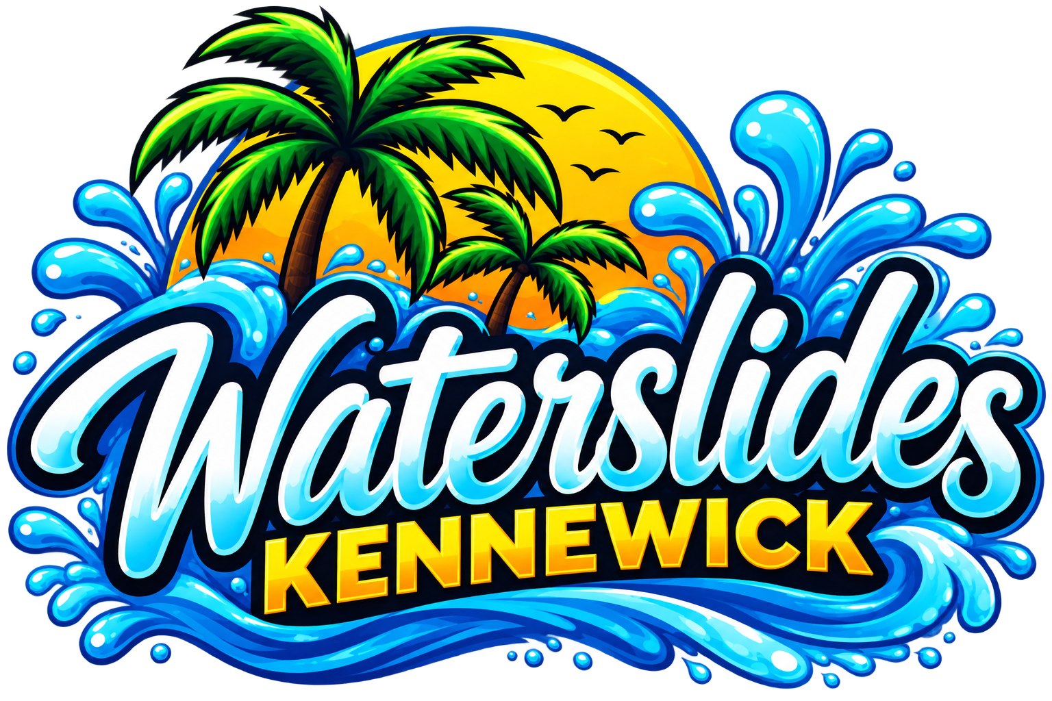 Colorful tropical graphic reading “Waterslides Kennewick,” with palm trees, ocean waves, splashing water, and a sunset.