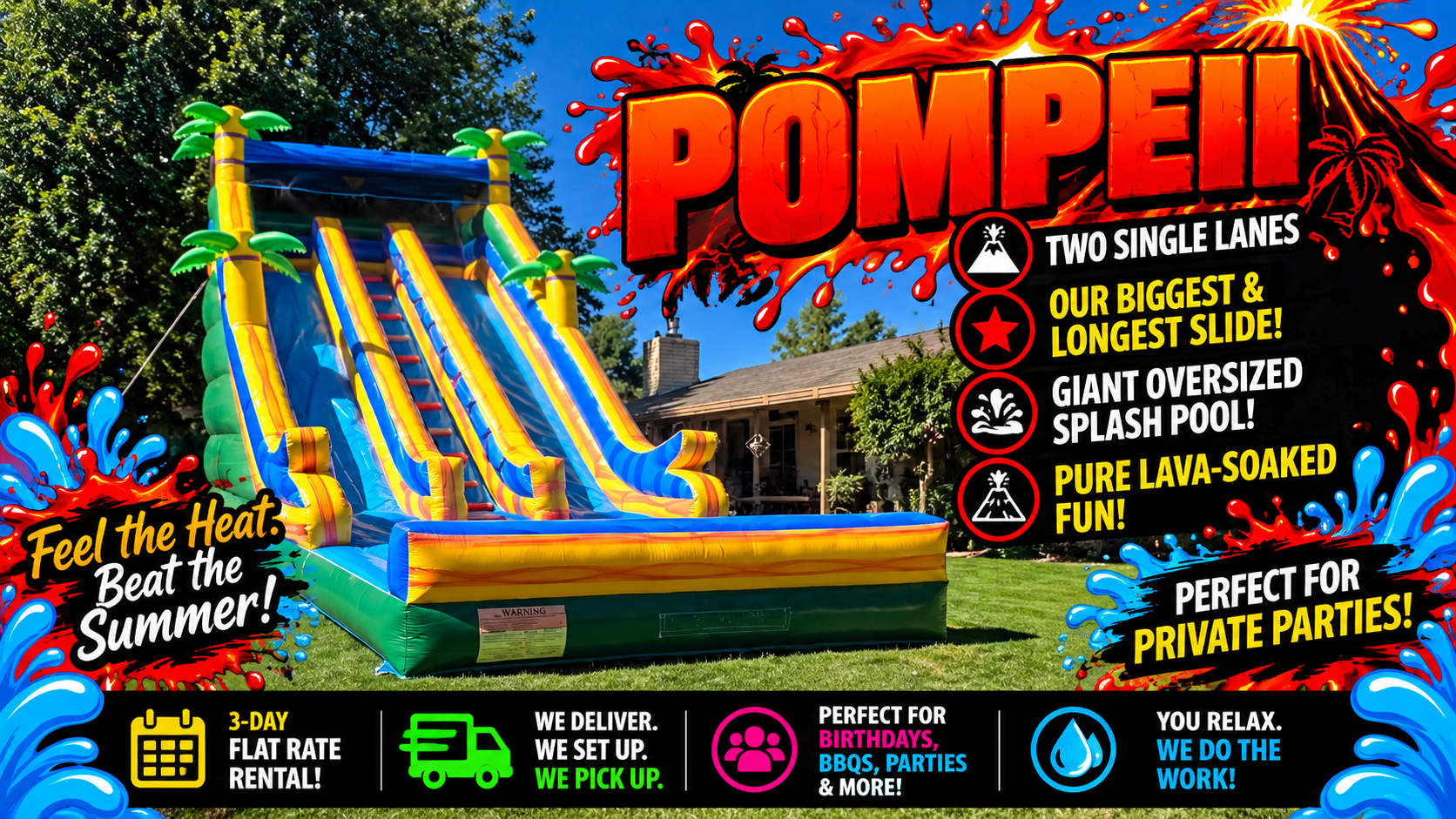 Pompeii 30-foot-tall tropical inflatable waterslide with two racing lanes and a large splash pool, available for rental in Richland, Kennewick, Pasco and the Tri-Cities, WA.