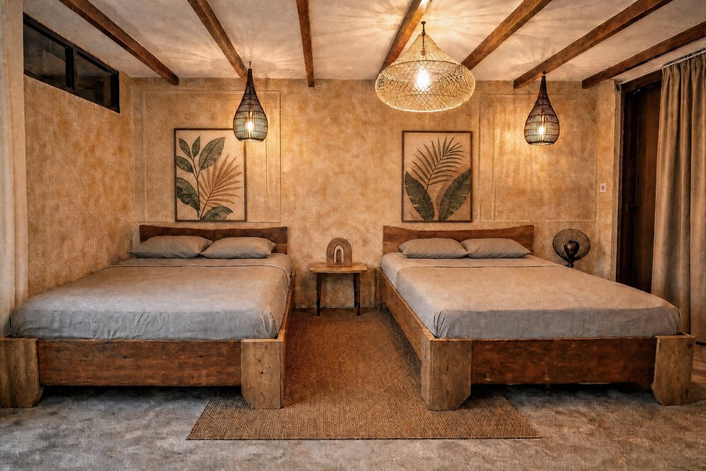 Casa Del Soul bedroom with a queen bed and a double bed under woven pendant lights