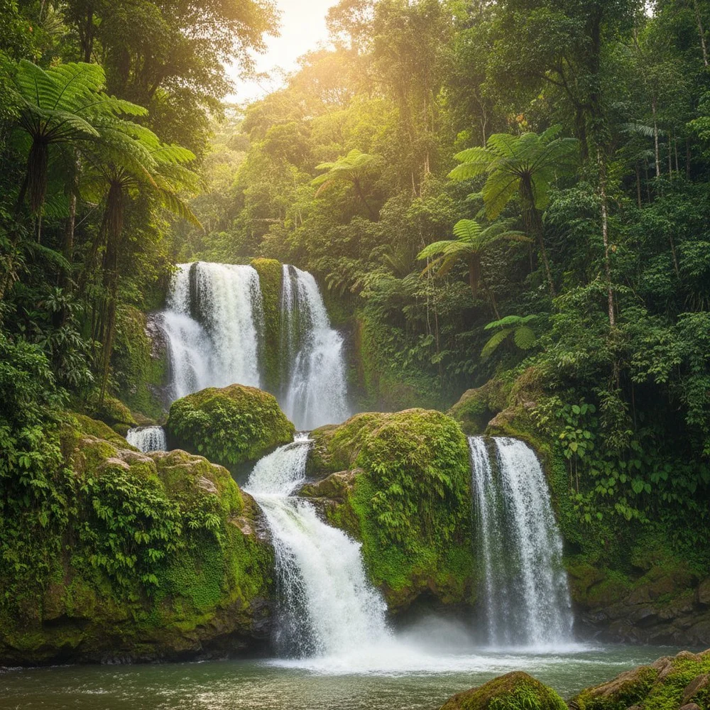 Waterfalls cascading through green rainforest