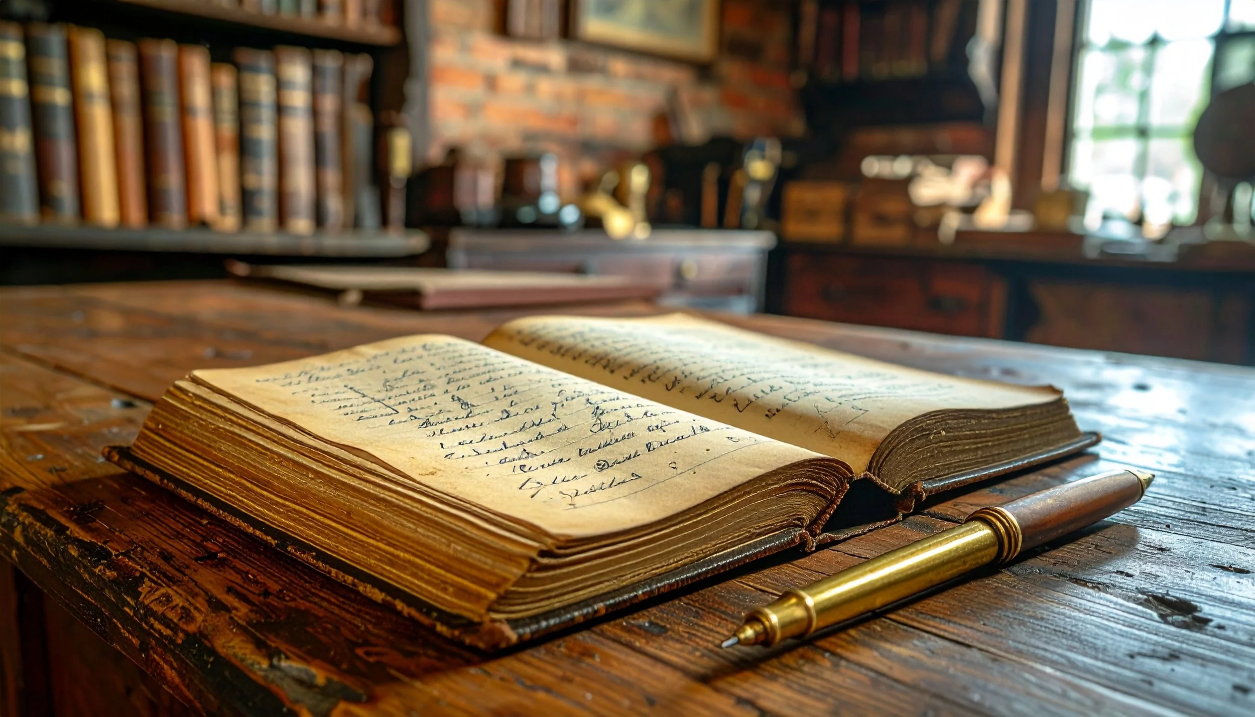 An open, handwritten journal with a gold pen resting on a wooden table in a vintage library setting.