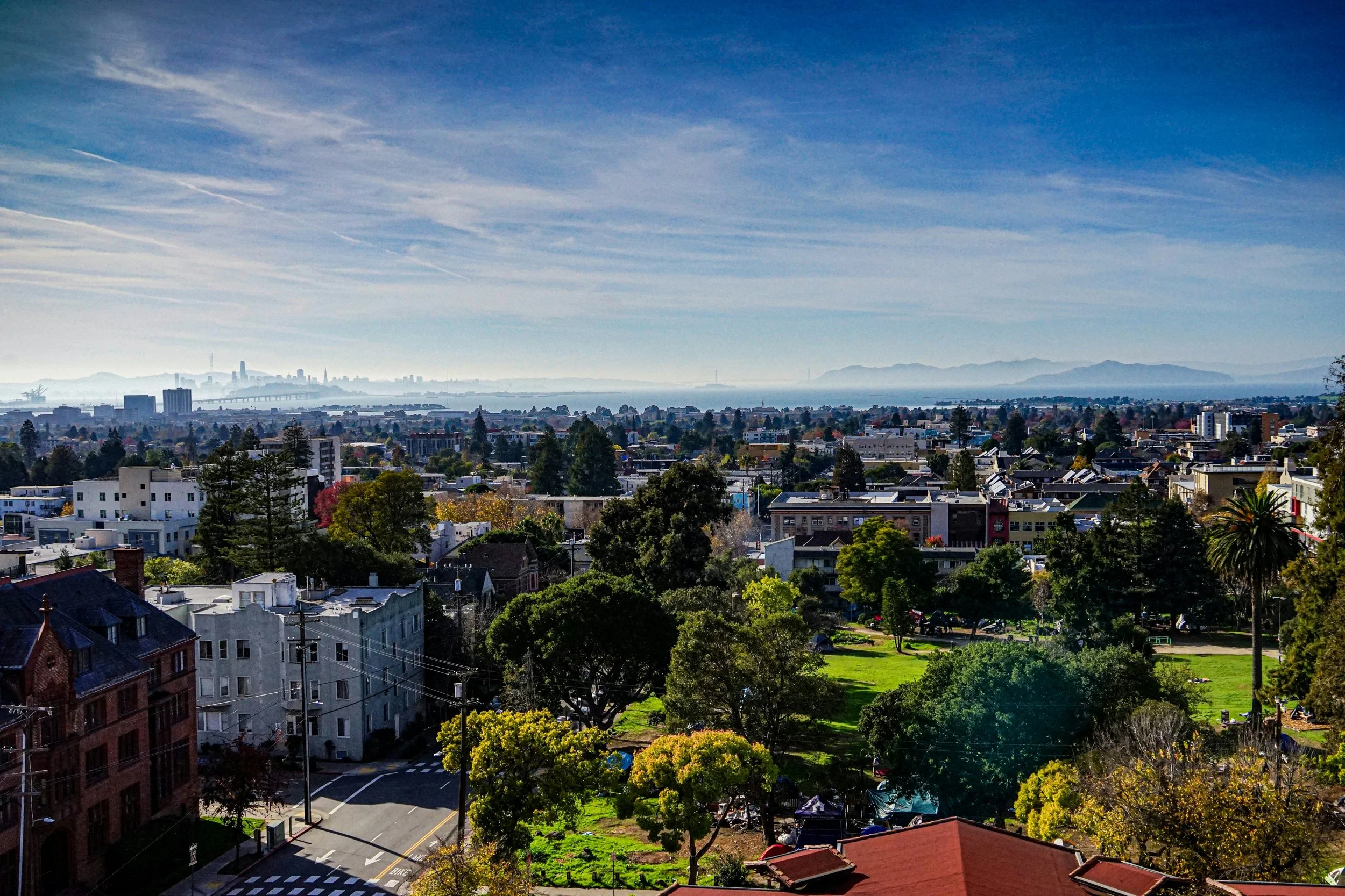 A cityscape view of San Francisco with buildings, trees, and a distant skyline under a partly cloudy blue sky.