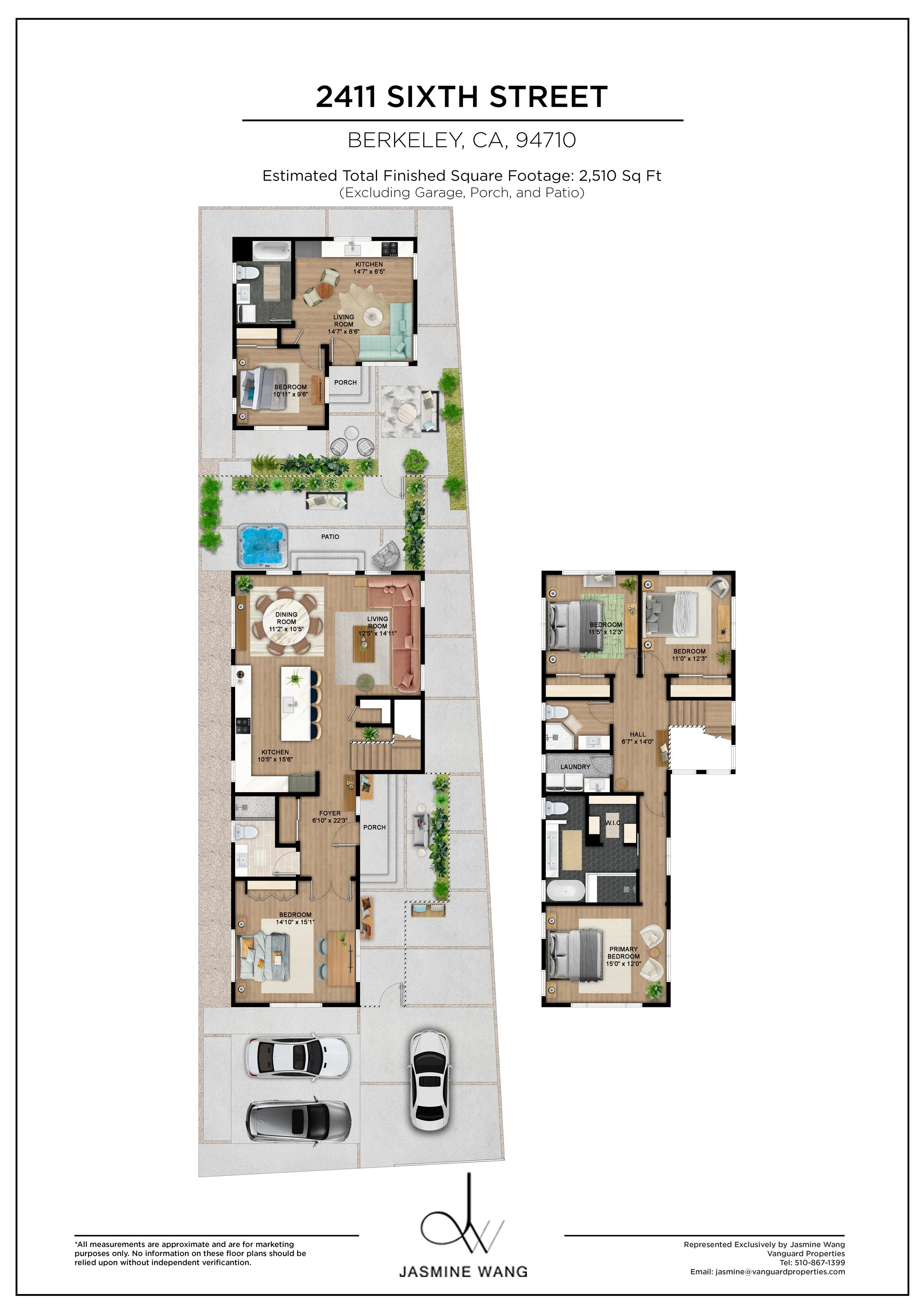 Floor plan of a residential property at 2411 Sixth Street, Berkeley, CA, with labeled rooms, outdoor patio, and parking area with cars.