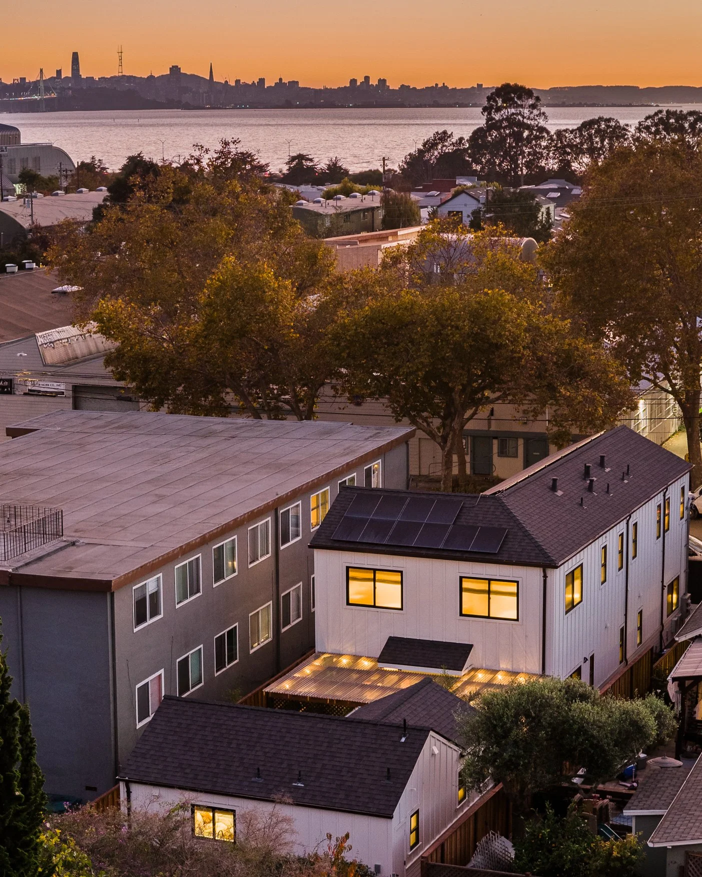 A neighborhood with several houses and trees at sunset, overlooking a river with a city skyline in the background.