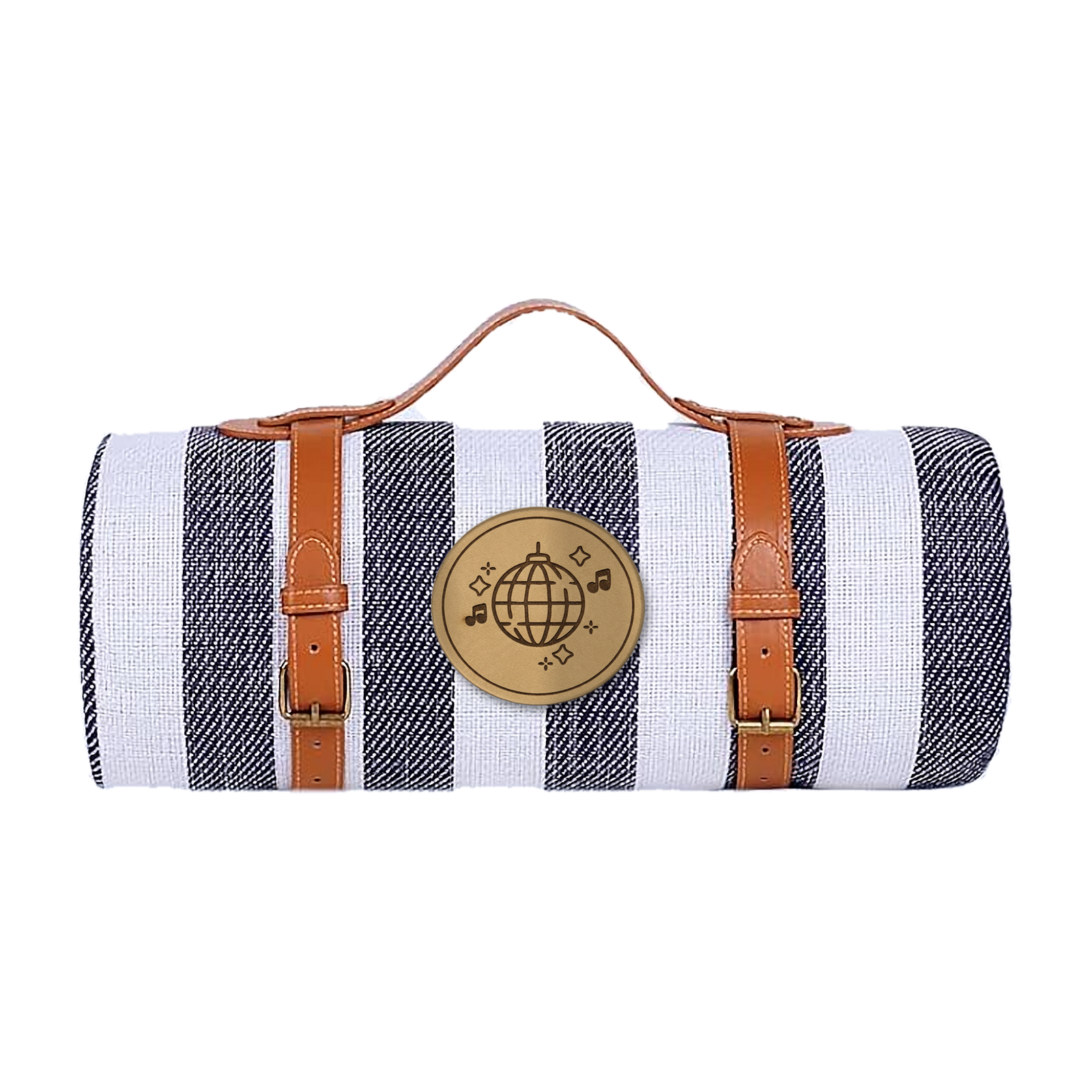 A rolled-up bag with black and white vertical stripes, brown straps, and a circular badge featuring a globe and music notes.