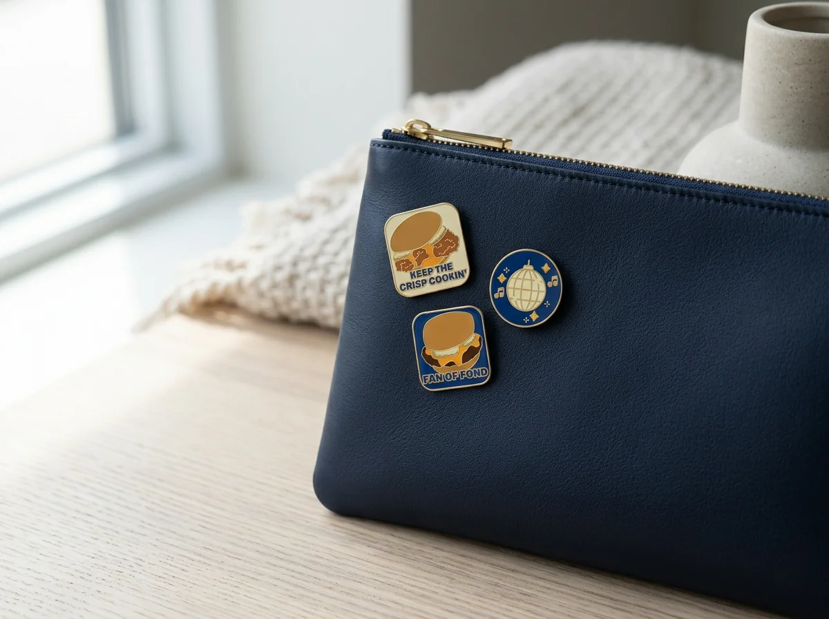 A navy blue zippered pouch with three pins attached, sitting on a light-colored wooden surface near a window.