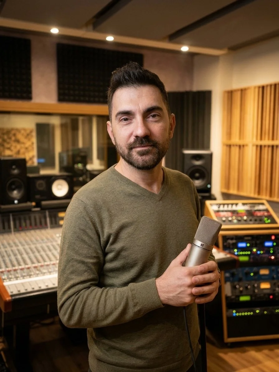 Uomo che tiene un microfono in studio di registrazione con apparecchiature audio e pannelli acustici sullo sfondo.