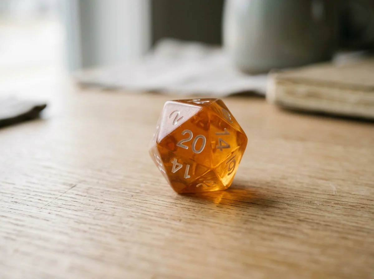 Orange transparent 20-sided die with white numbers resting on a wooden surface.