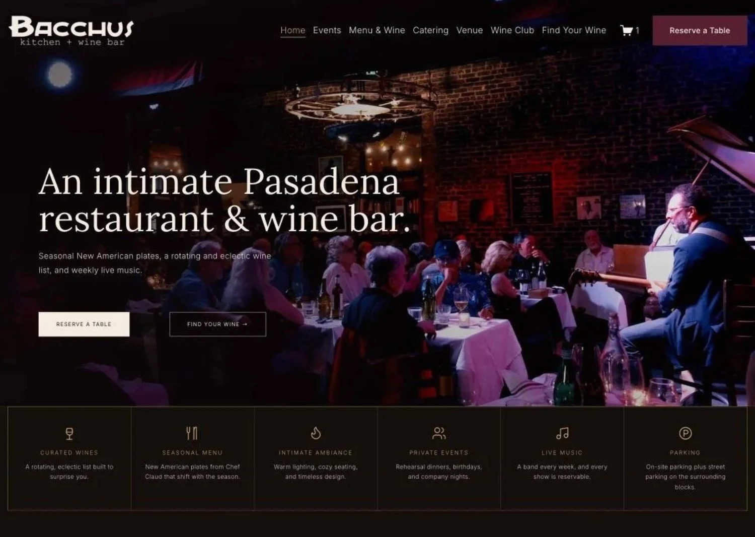Bacchus Kitchen + Wine Bar website home page redesigned by Davis Digital Studio