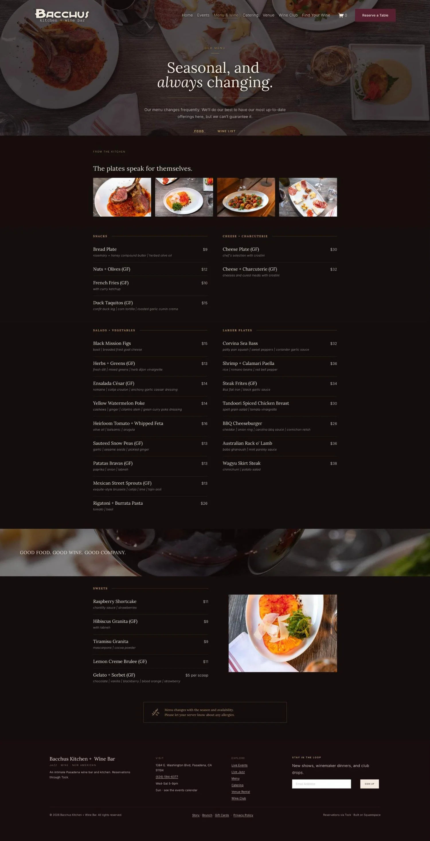 Bacchus Kitchen + Wine Bar menu page after the redesign, with the full menu as real text