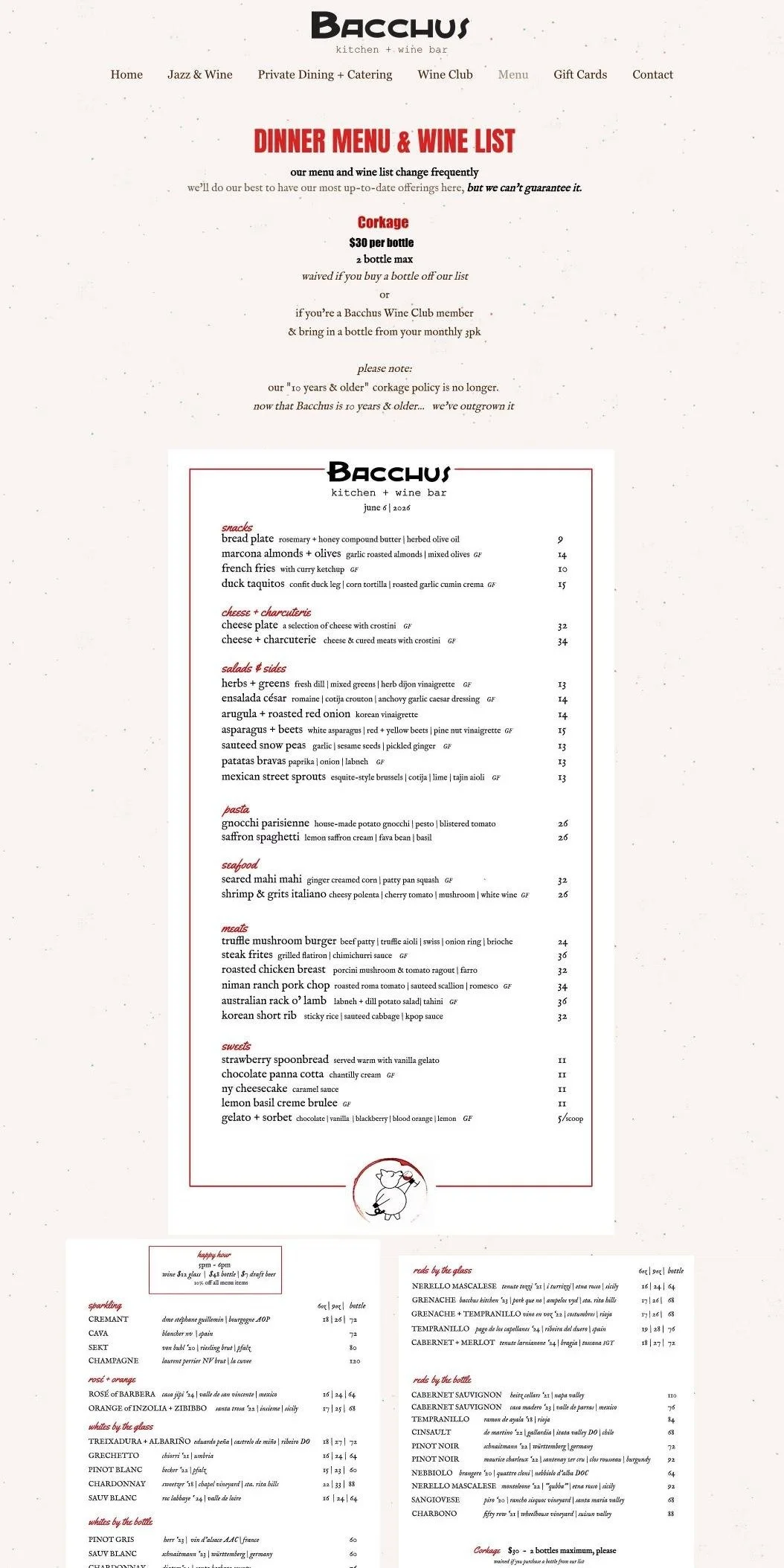 Bacchus Kitchen + Wine Bar menu page before the redesign, with the menu shown as an image on the old Wix site