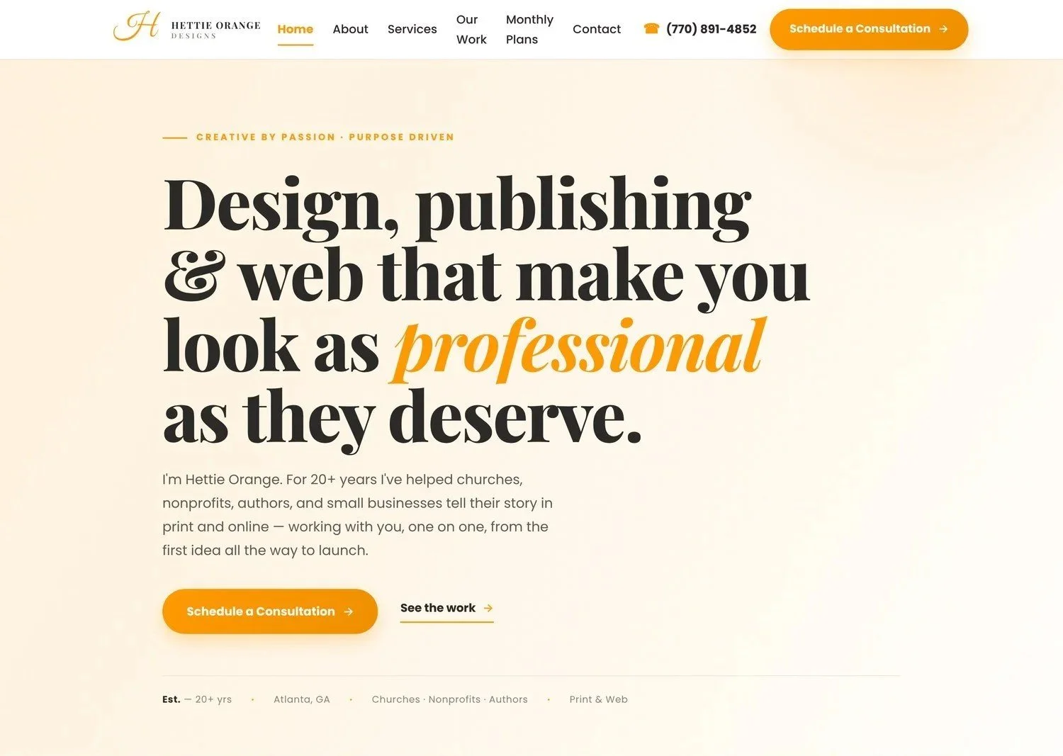 Hettie Orange Designs website home page built by Davis Digital Studio