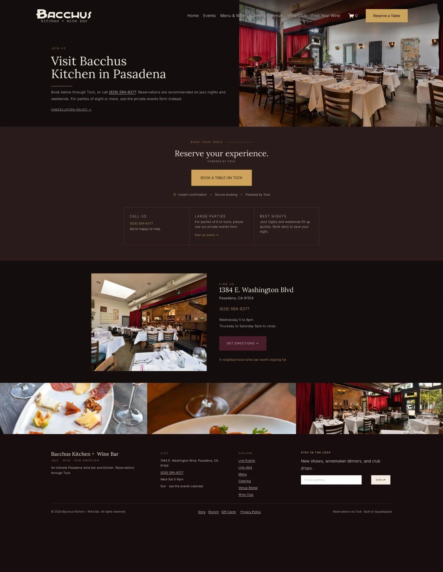 Bacchus Kitchen + Wine Bar visit page with Tock reservations, the address and hours