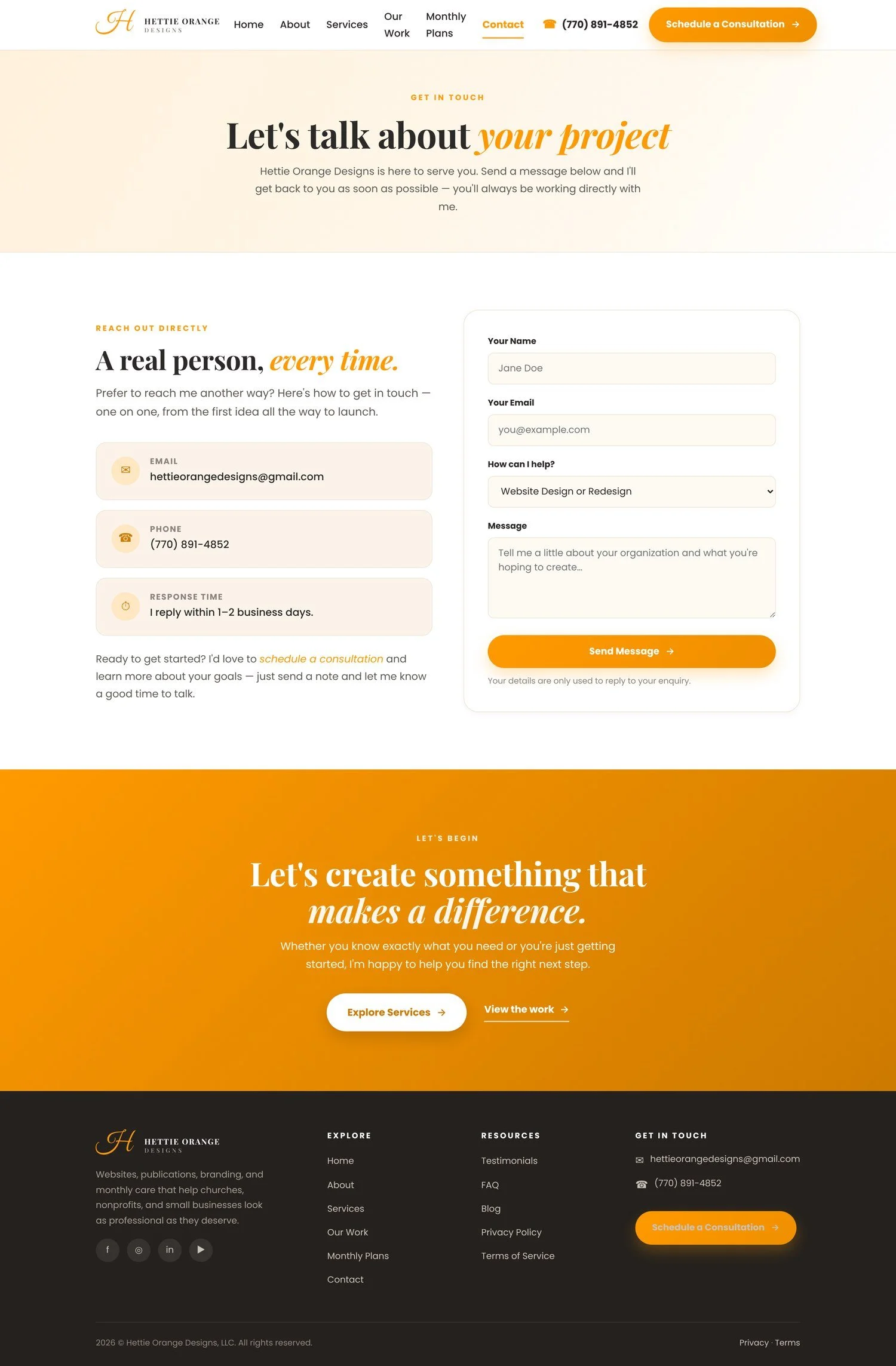 Hettie Orange Designs contact page, part of a new website built by Davis Digital Studio