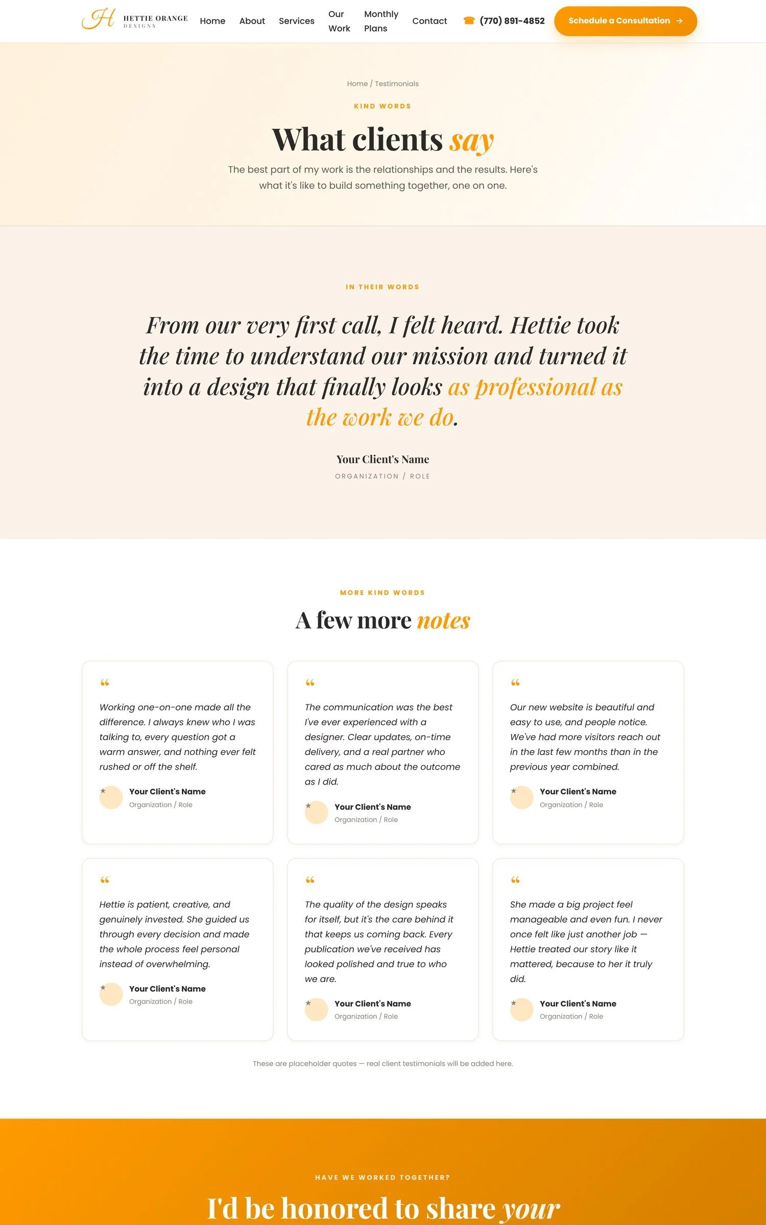Hettie Orange Designs testimonials page, part of a new website built by Davis Digital Studio