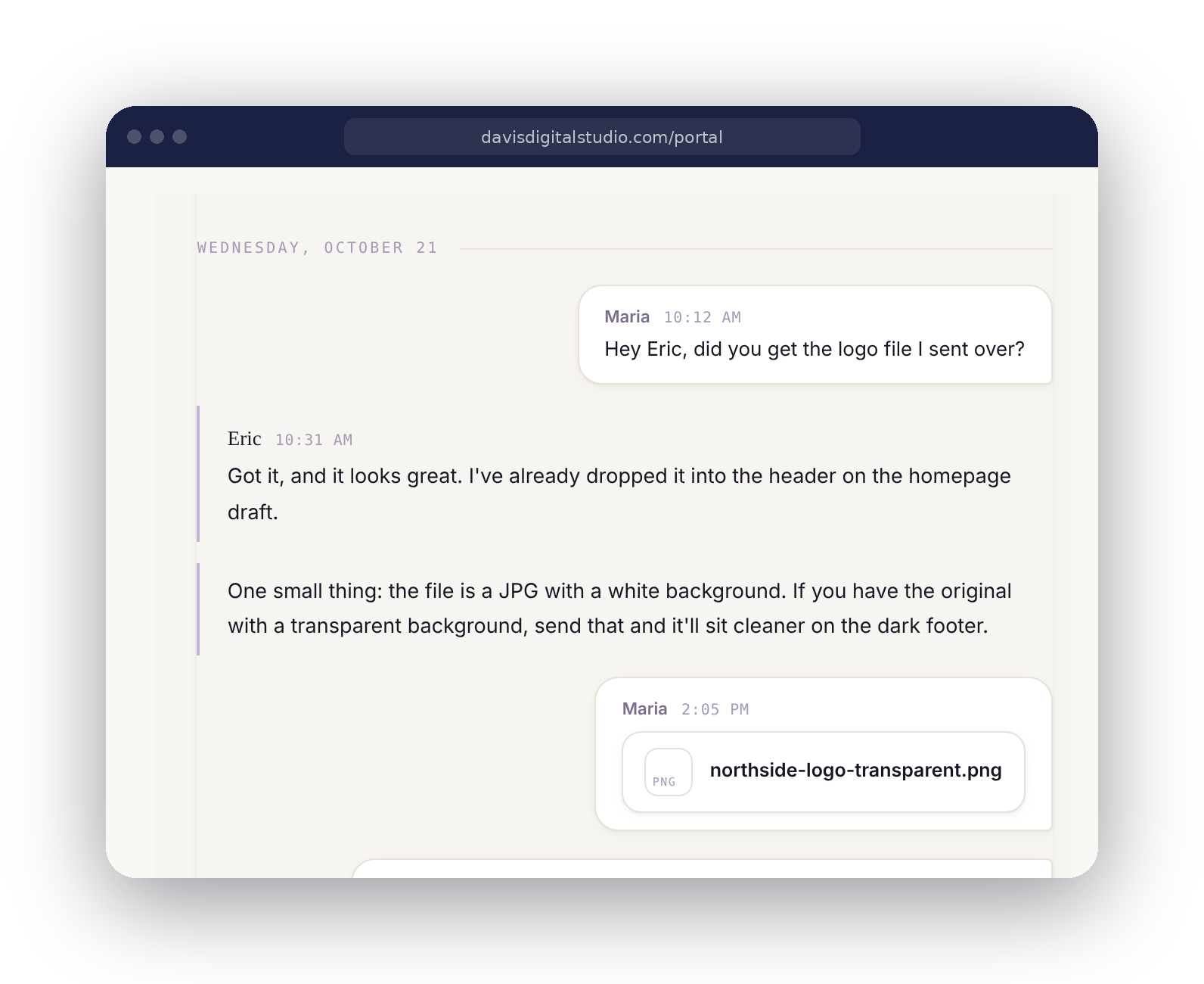 Studio OS client portal message thread between Eric and a client about a logo file