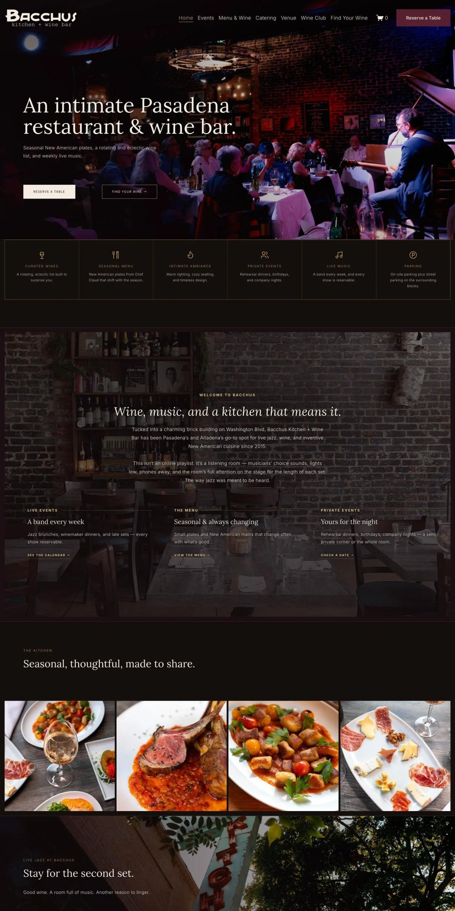 Bacchus Kitchen + Wine Bar home page after the redesign, with a live jazz photo and reservation links
