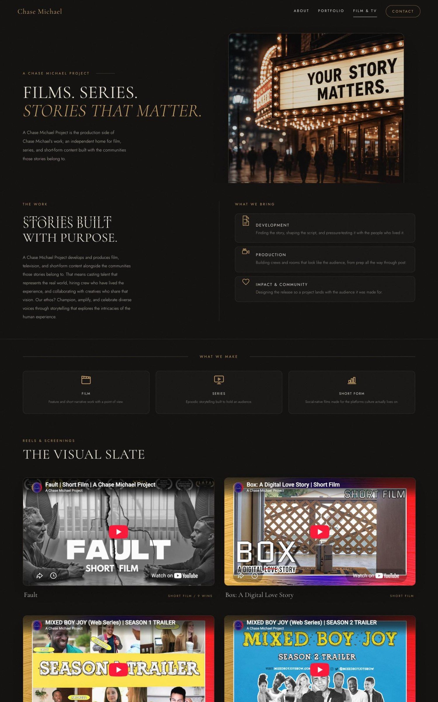 Chase Michael film and TV page, part of a new website built by Davis Digital Studio