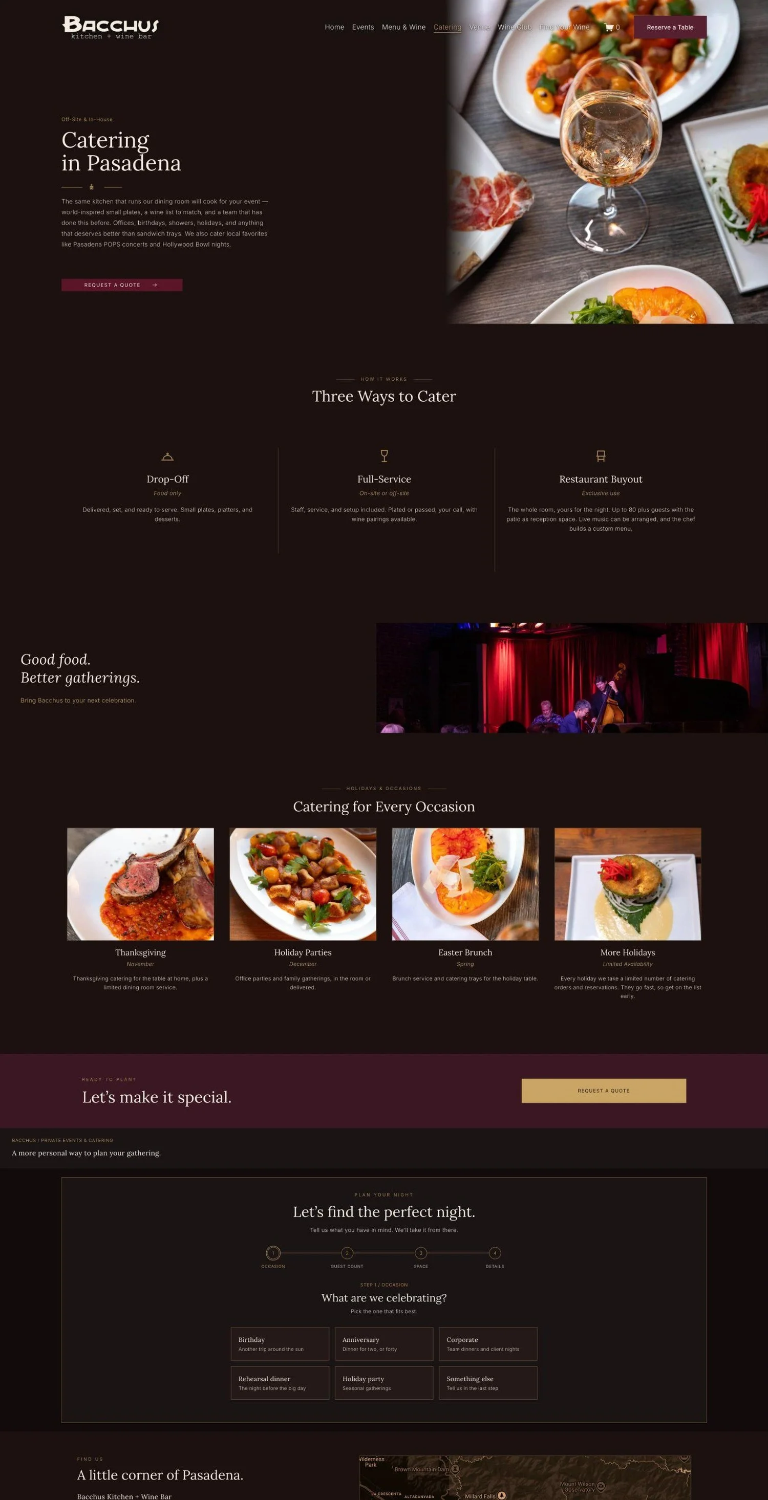 Bacchus Kitchen + Wine Bar catering page with three service options and a party planner