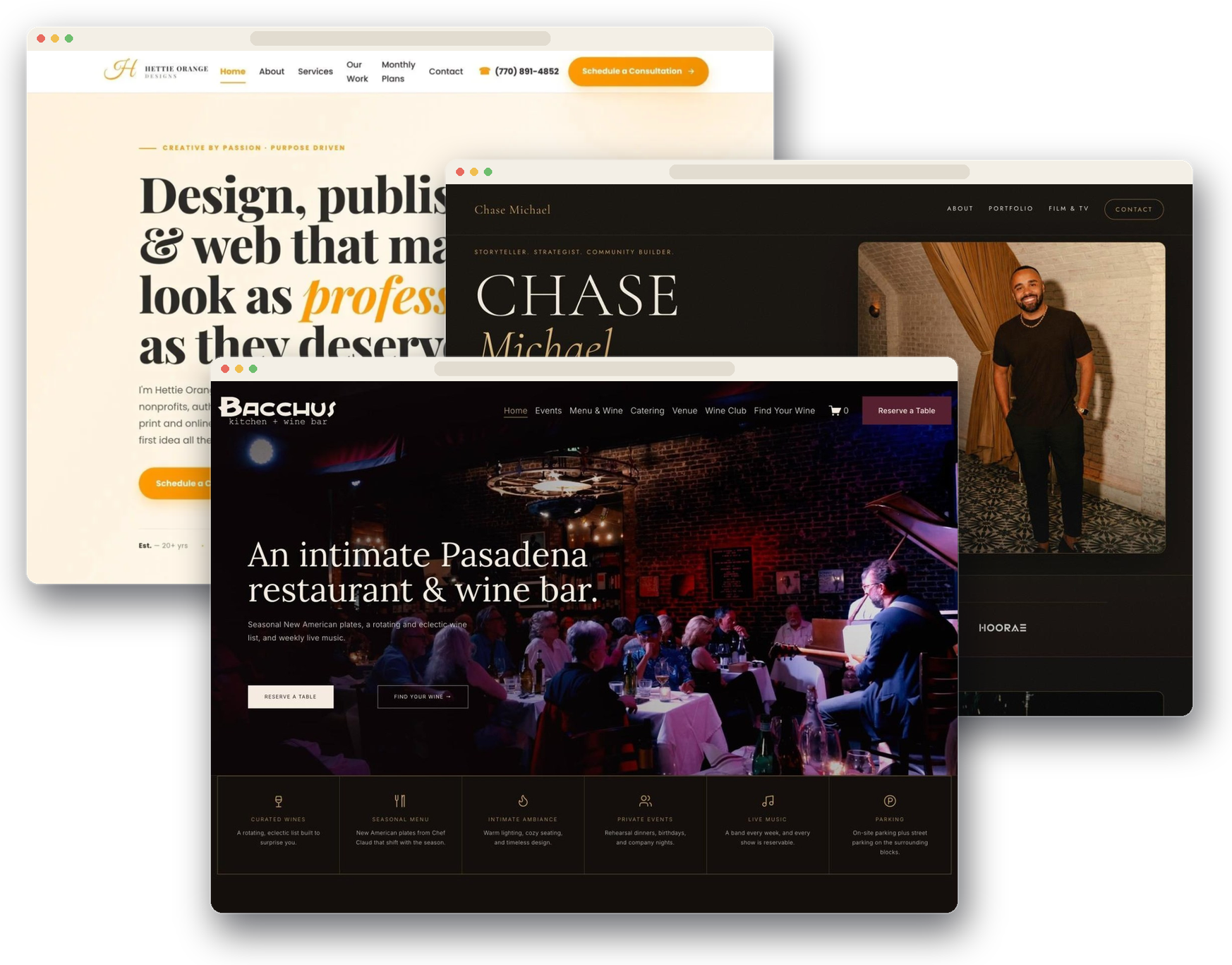 Client websites designed by Davis Digital Studio: Hettie Orange Designs, Chase Michael, and Bacchus Kitchen + Wine Bar